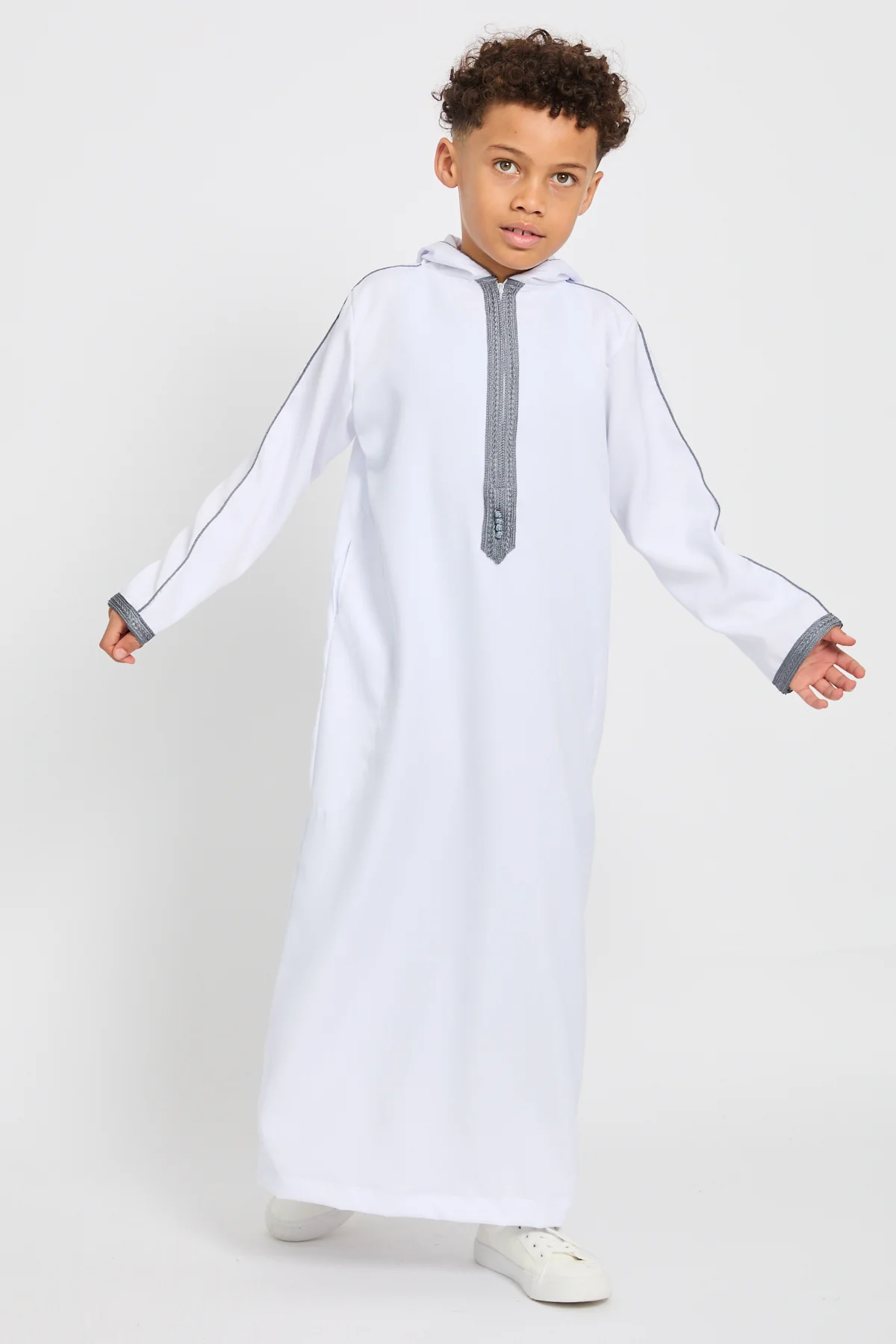 Junior Boys Premium Moroccan Thobe with Hood - White - Image 9