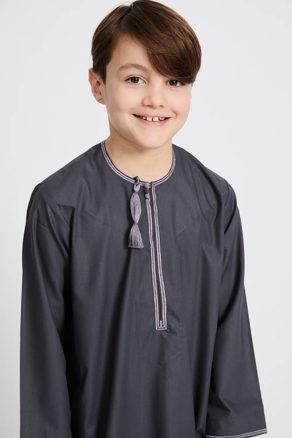 Junior Boys Premium Omani Thobe - Deep Smoke with Lilac Mauve Embroidery - Image 2