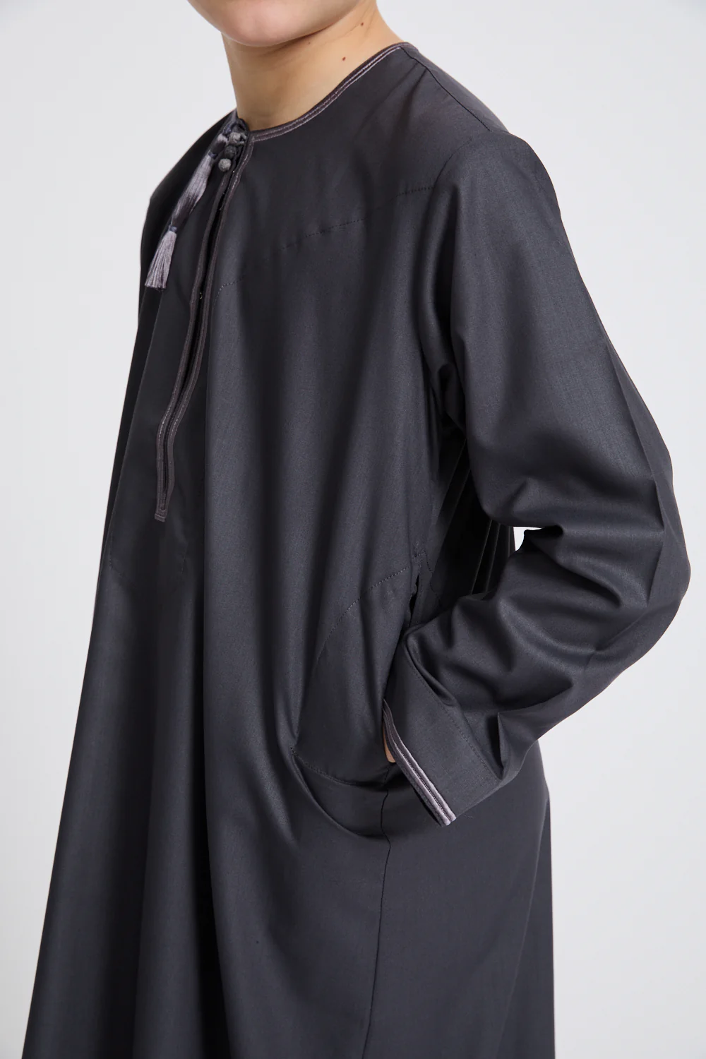 Junior Boys Premium Omani Thobe - Deep Smoke with Lilac Mauve Embroidery - Image 4