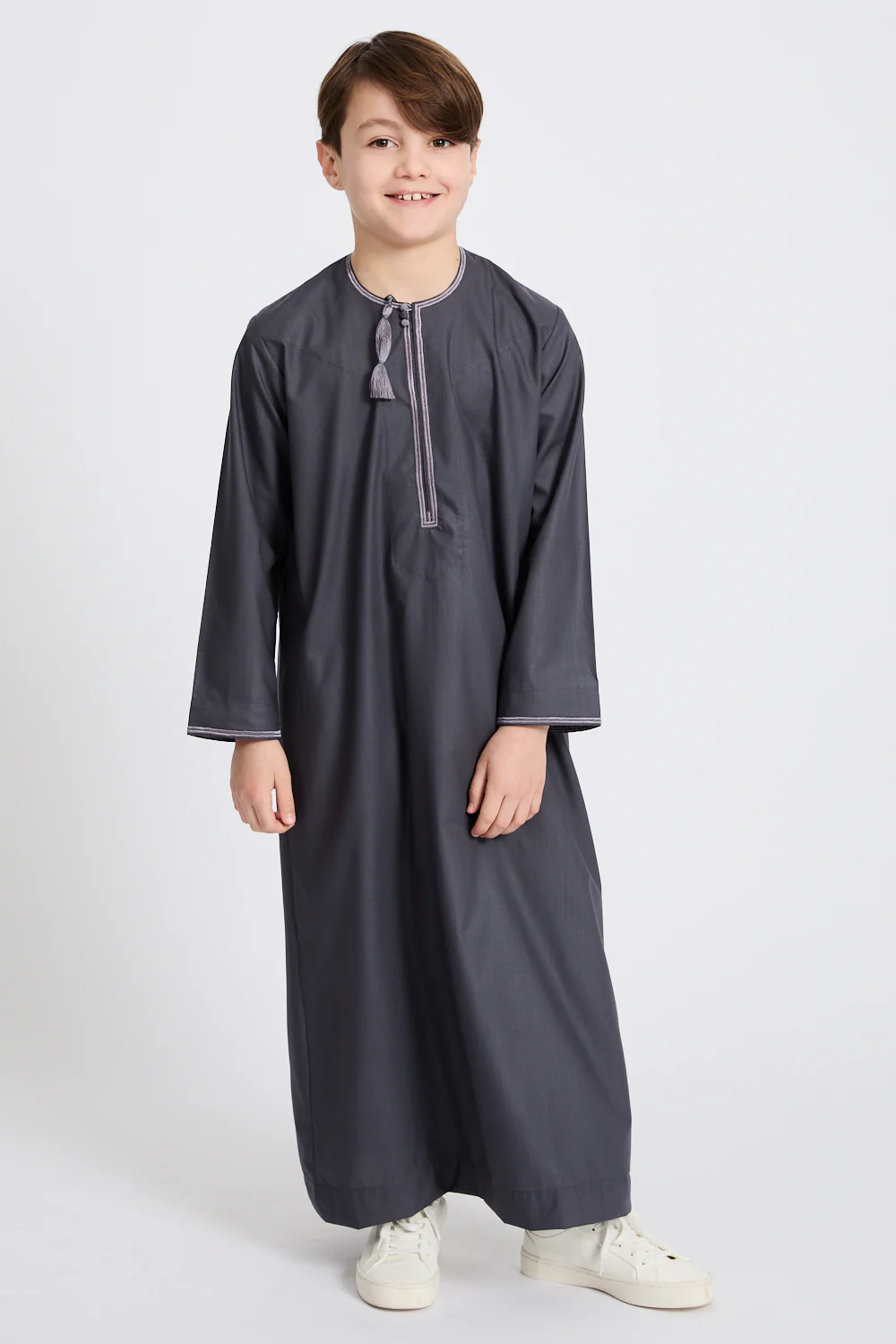 Junior Boys Premium Omani Thobe - Deep Smoke with Lilac Mauve Embroidery - Image 5