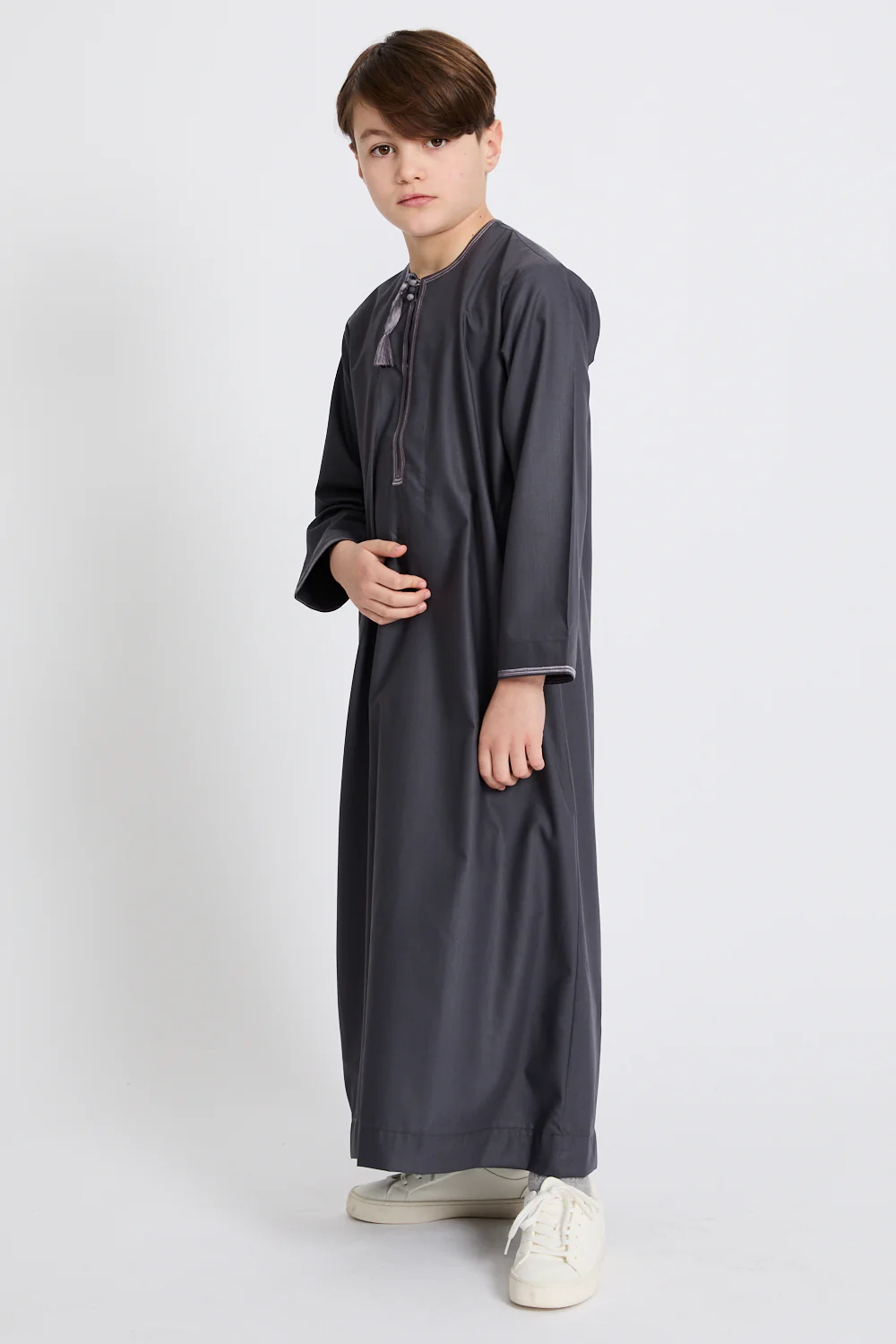 Junior Boys Premium Omani Thobe - Deep Smoke with Lilac Mauve Embroidery - Image 6
