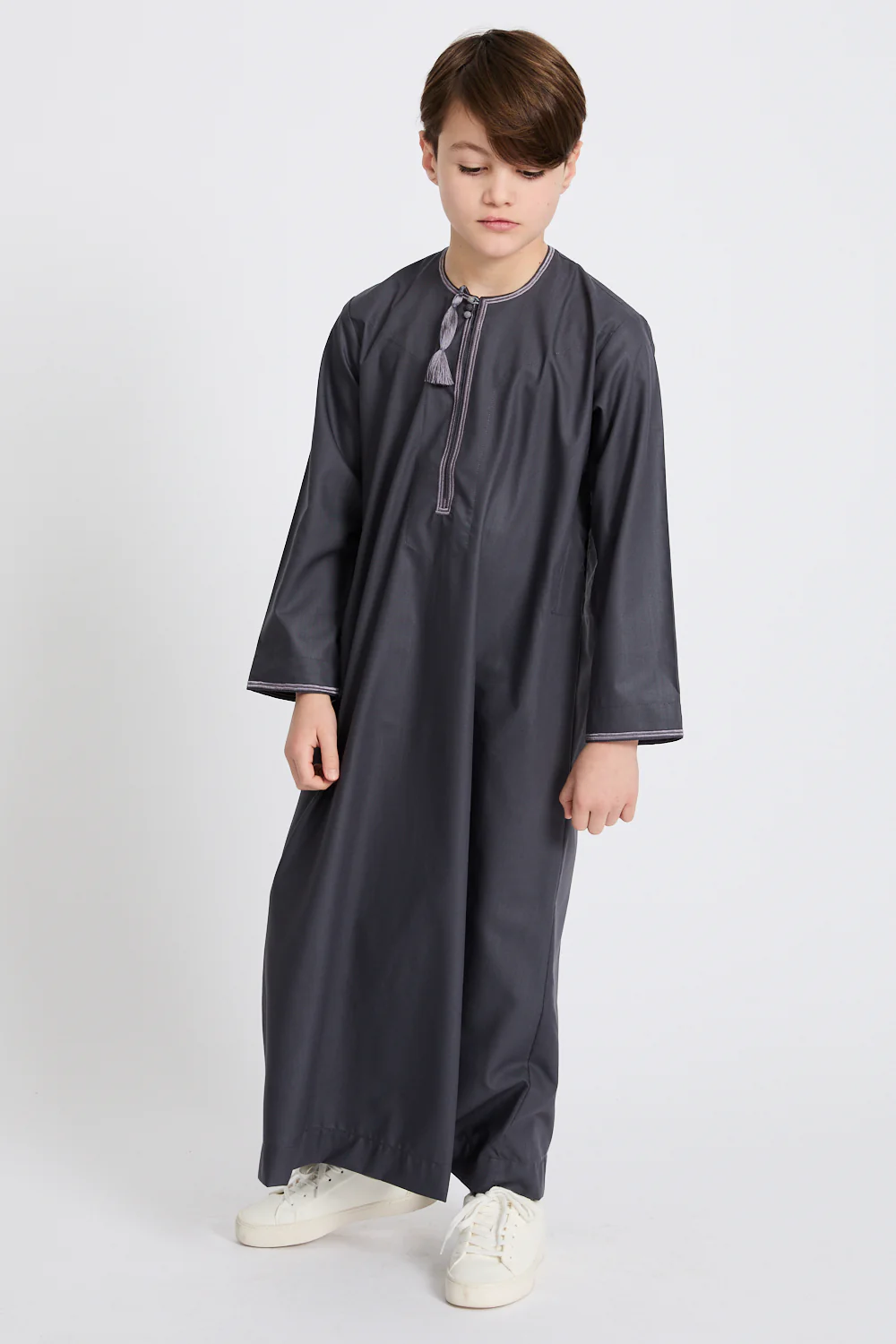 Junior Boys Premium Omani Thobe - Deep Smoke with Lilac Mauve Embroidery - Image 7
