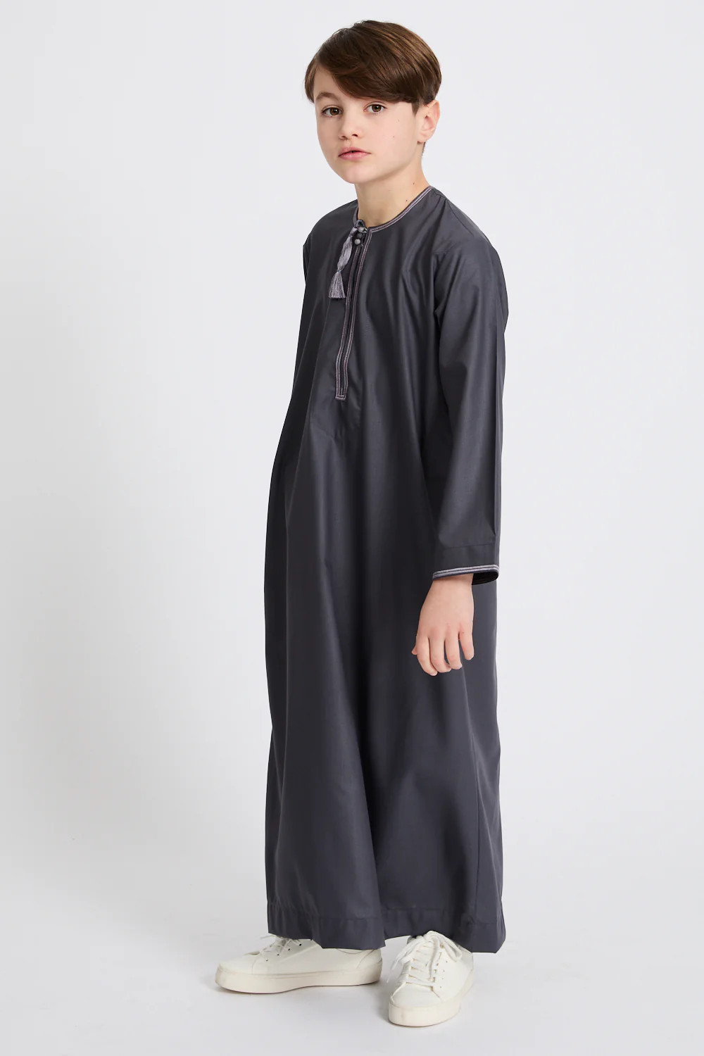 Junior Boys Premium Omani Thobe - Deep Smoke with Lilac Mauve Embroidery - Image 8