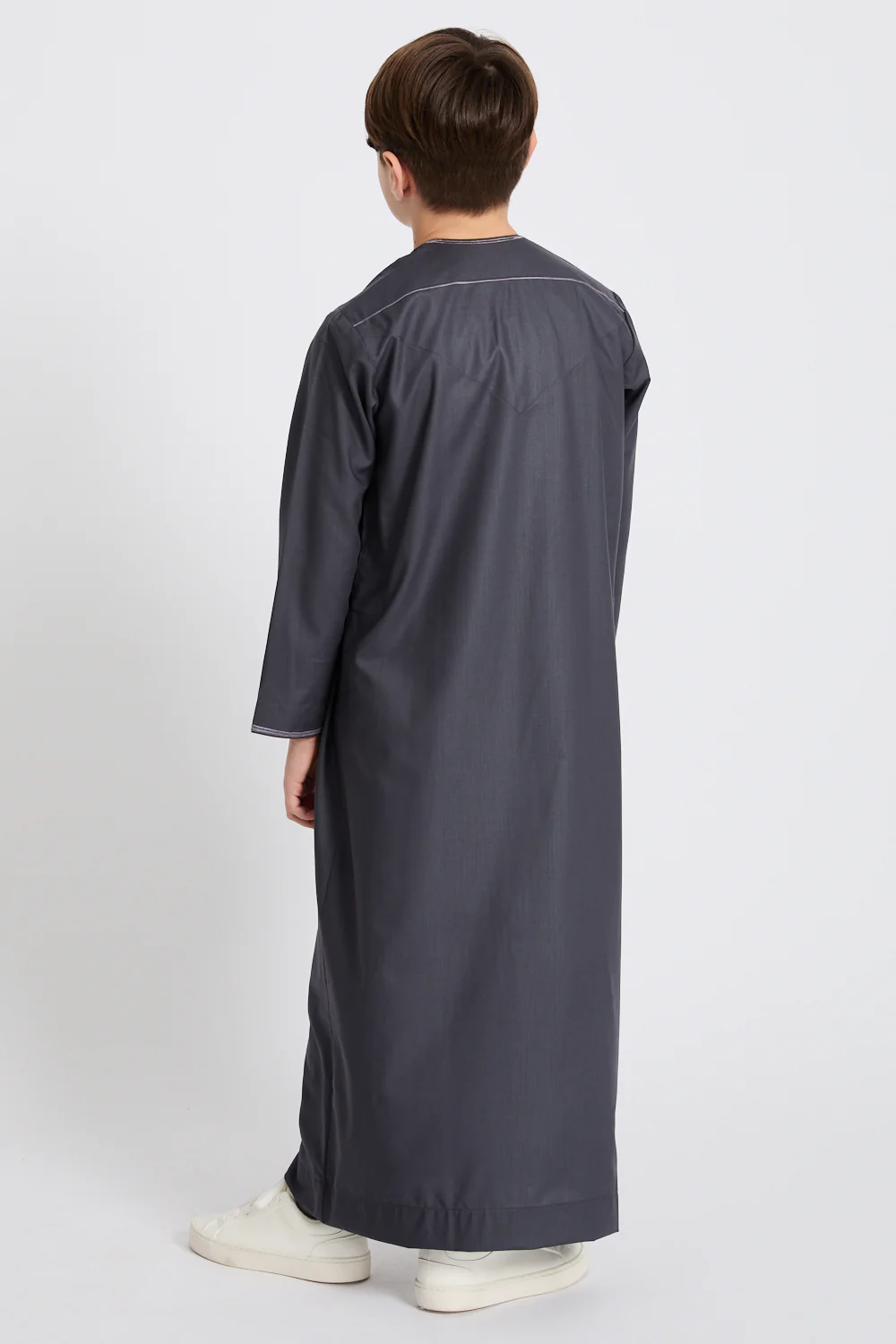 Junior Boys Premium Omani Thobe - Deep Smoke with Lilac Mauve Embroidery - Image 9