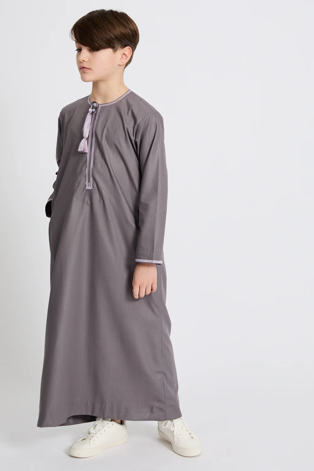 Junior Boys Premium Omani Thobe - Mauve Grey with Lilac Embroidery