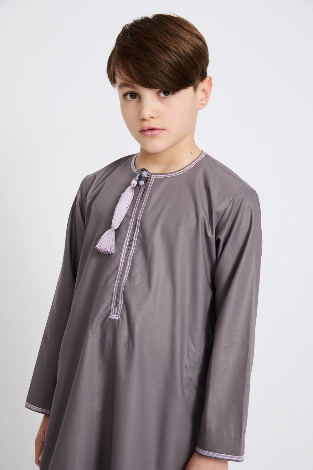 Junior Boys Premium Omani Thobe - Mauve Grey with Lilac Embroidery - Image 2