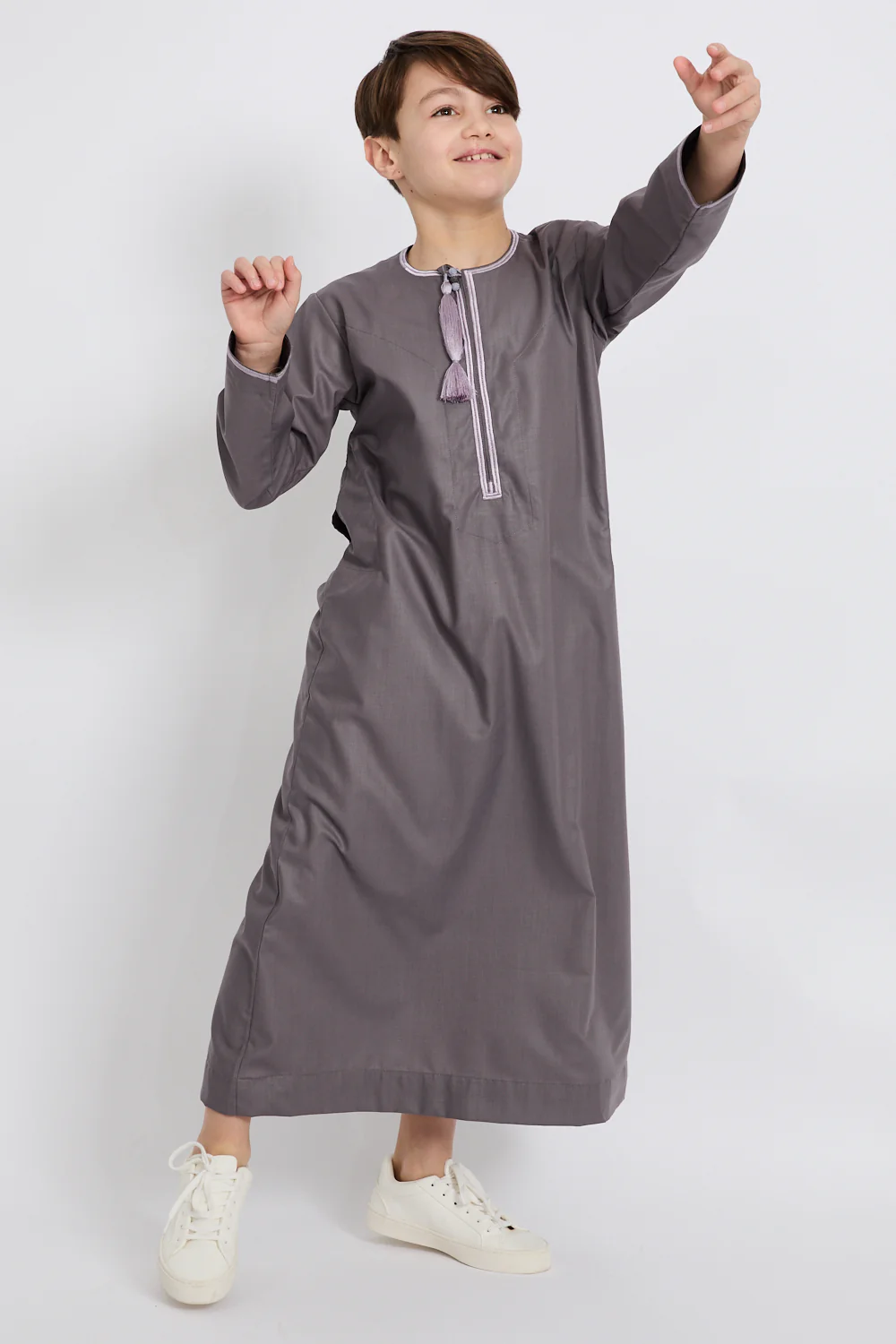 Junior Boys Premium Omani Thobe - Mauve Grey with Lilac Embroidery - Image 4