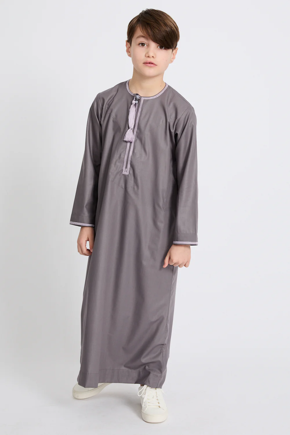 Junior Boys Premium Omani Thobe - Mauve Grey with Lilac Embroidery - Image 5