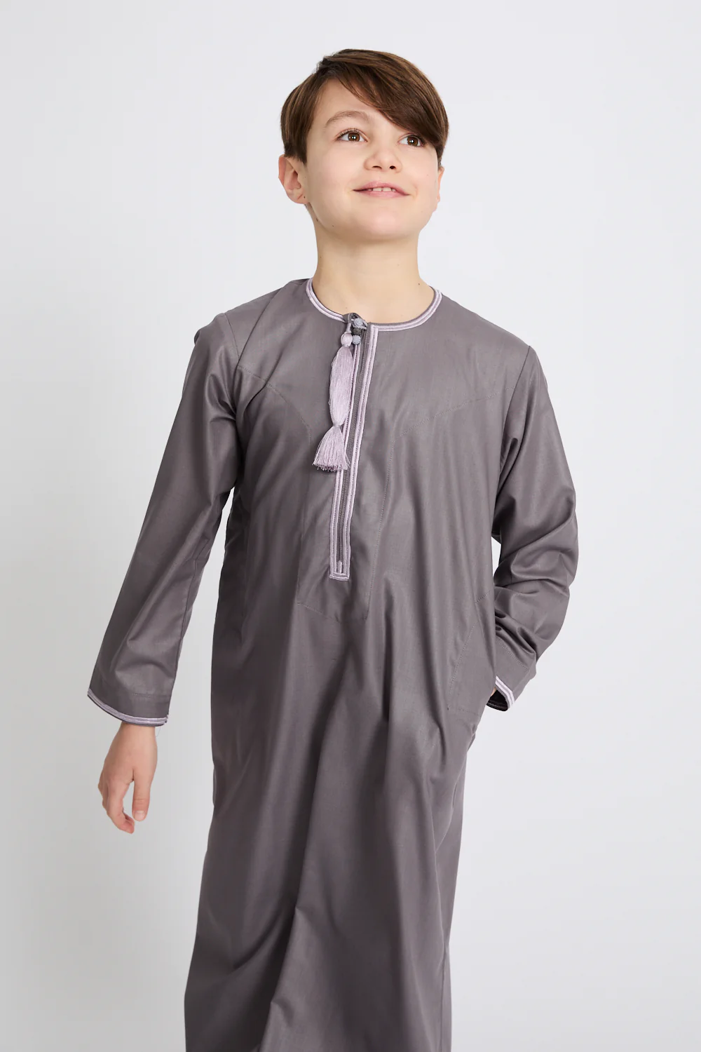 Junior Boys Premium Omani Thobe - Mauve Grey with Lilac Embroidery - Image 6