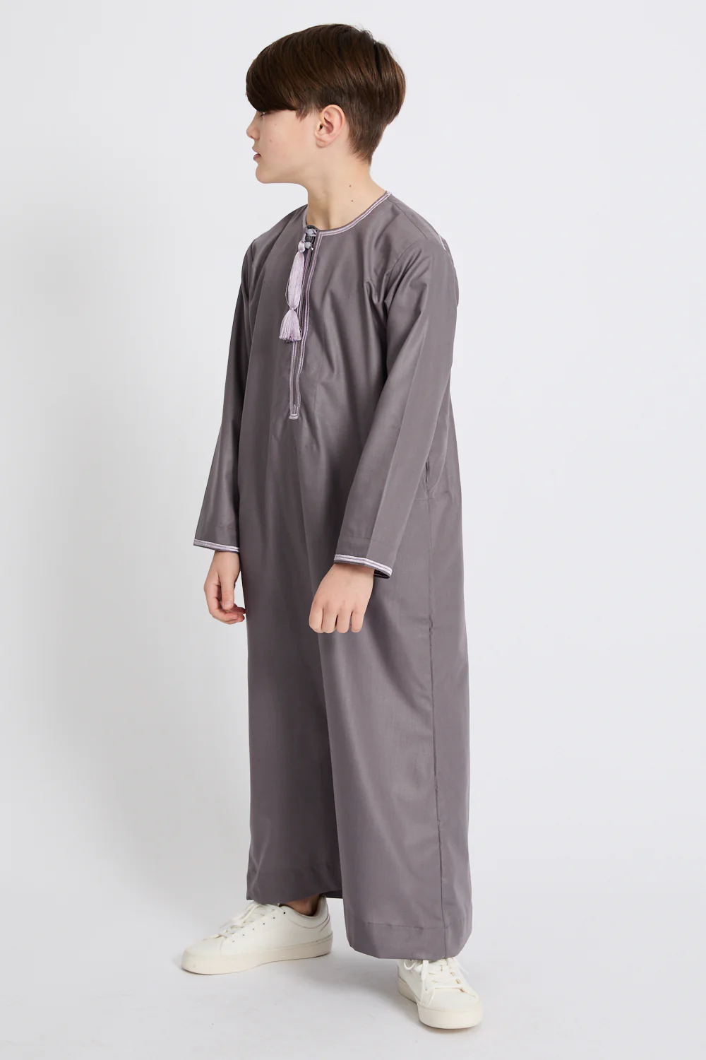 Junior Boys Premium Omani Thobe - Mauve Grey with Lilac Embroidery - Image 7