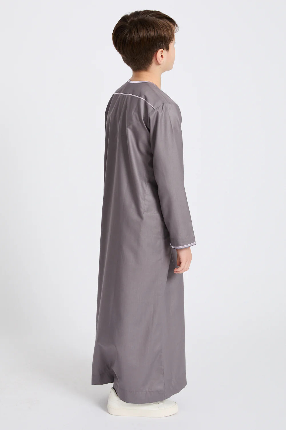 Junior Boys Premium Omani Thobe - Mauve Grey with Lilac Embroidery - Image 8