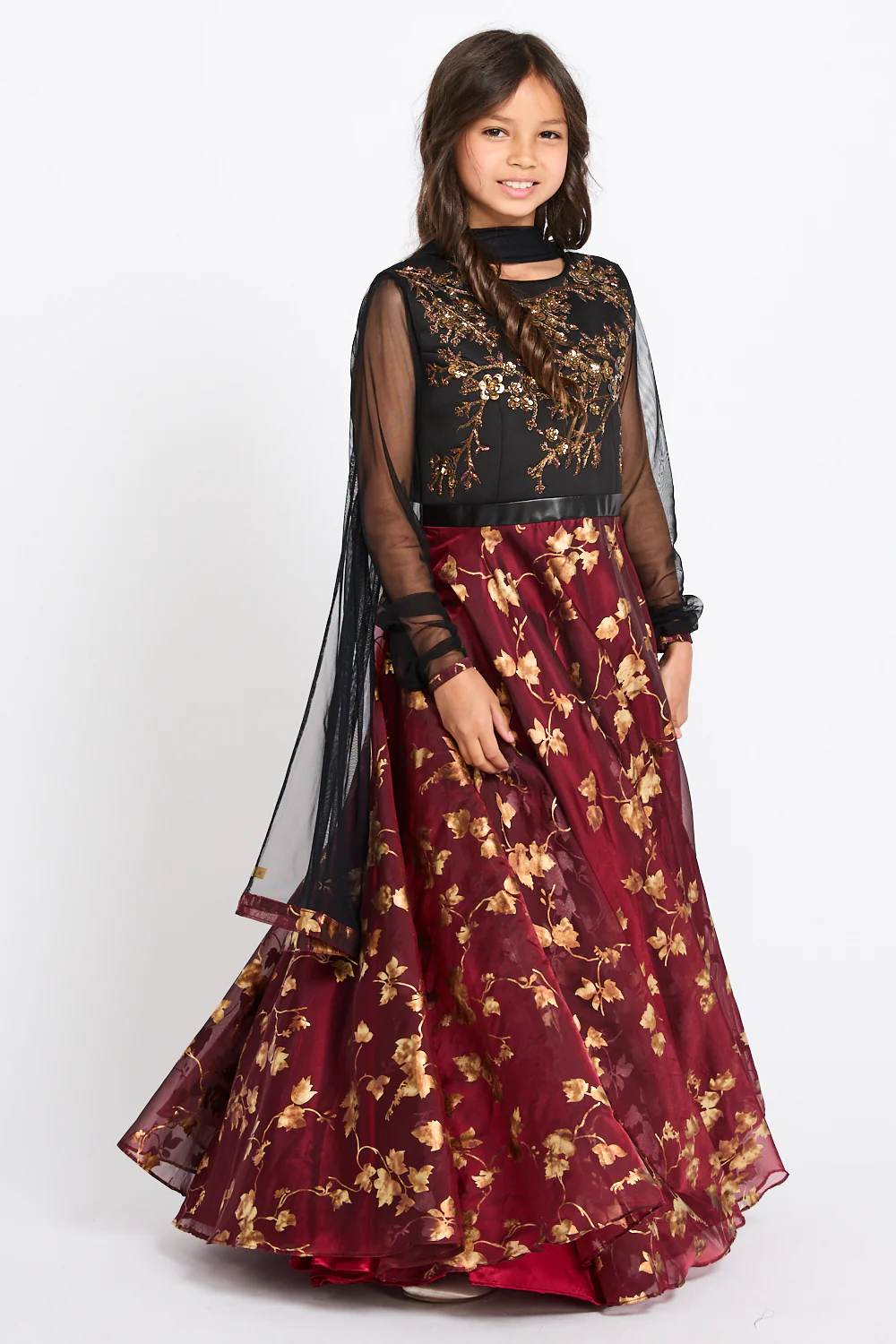 Junior Girls 3D Floral Motif Embellished Abaya Dress - Midnight Rose