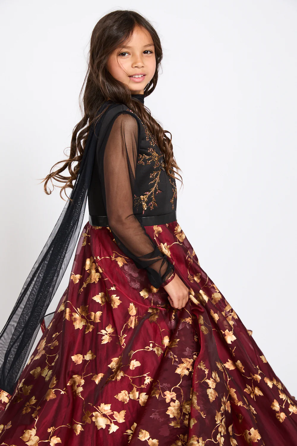 Junior Girls 3D Floral Motif Embellished Abaya Dress - Midnight Rose - Image 2