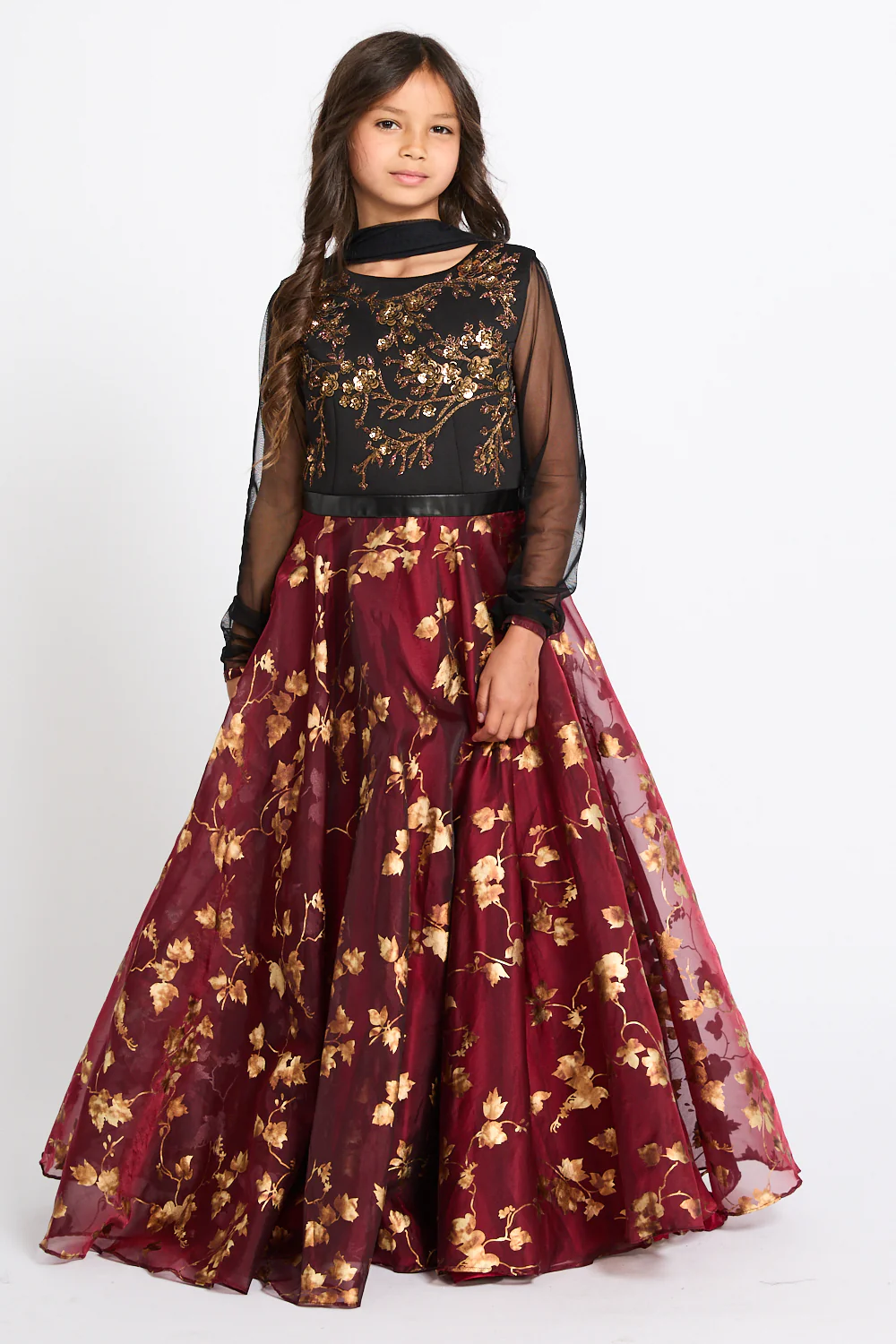 Junior Girls 3D Floral Motif Embellished Abaya Dress - Midnight Rose - Image 3