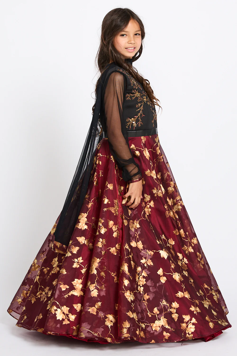 Junior Girls 3D Floral Motif Embellished Abaya Dress - Midnight Rose - Image 7