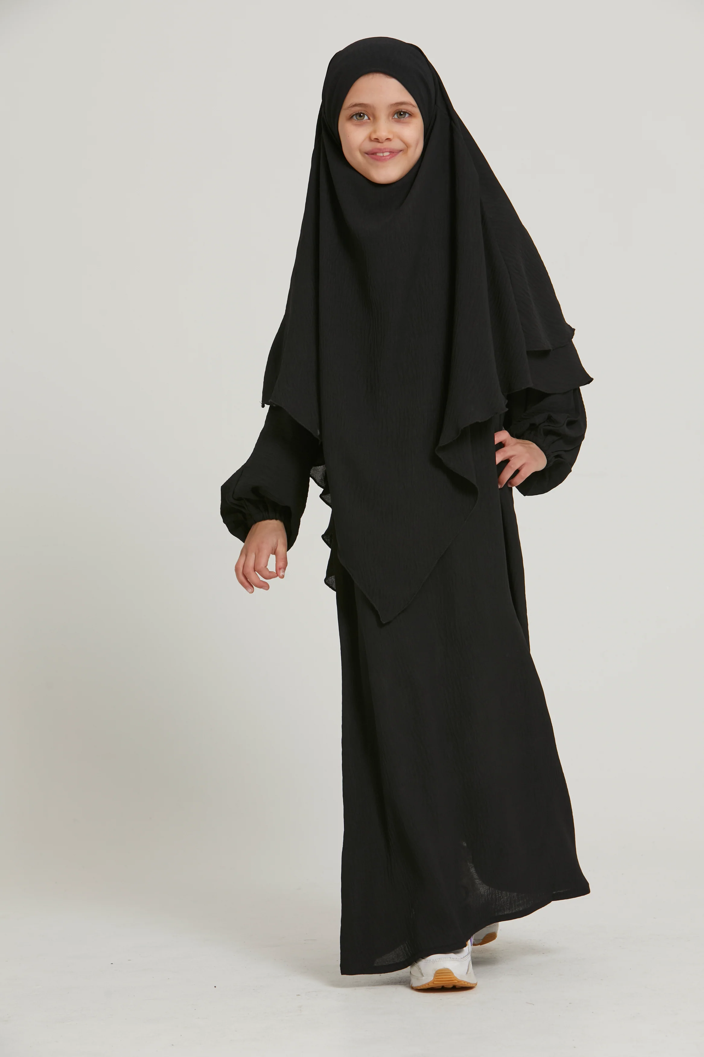 Junior Girls Abaya with Khimar Set - Black - Image 4