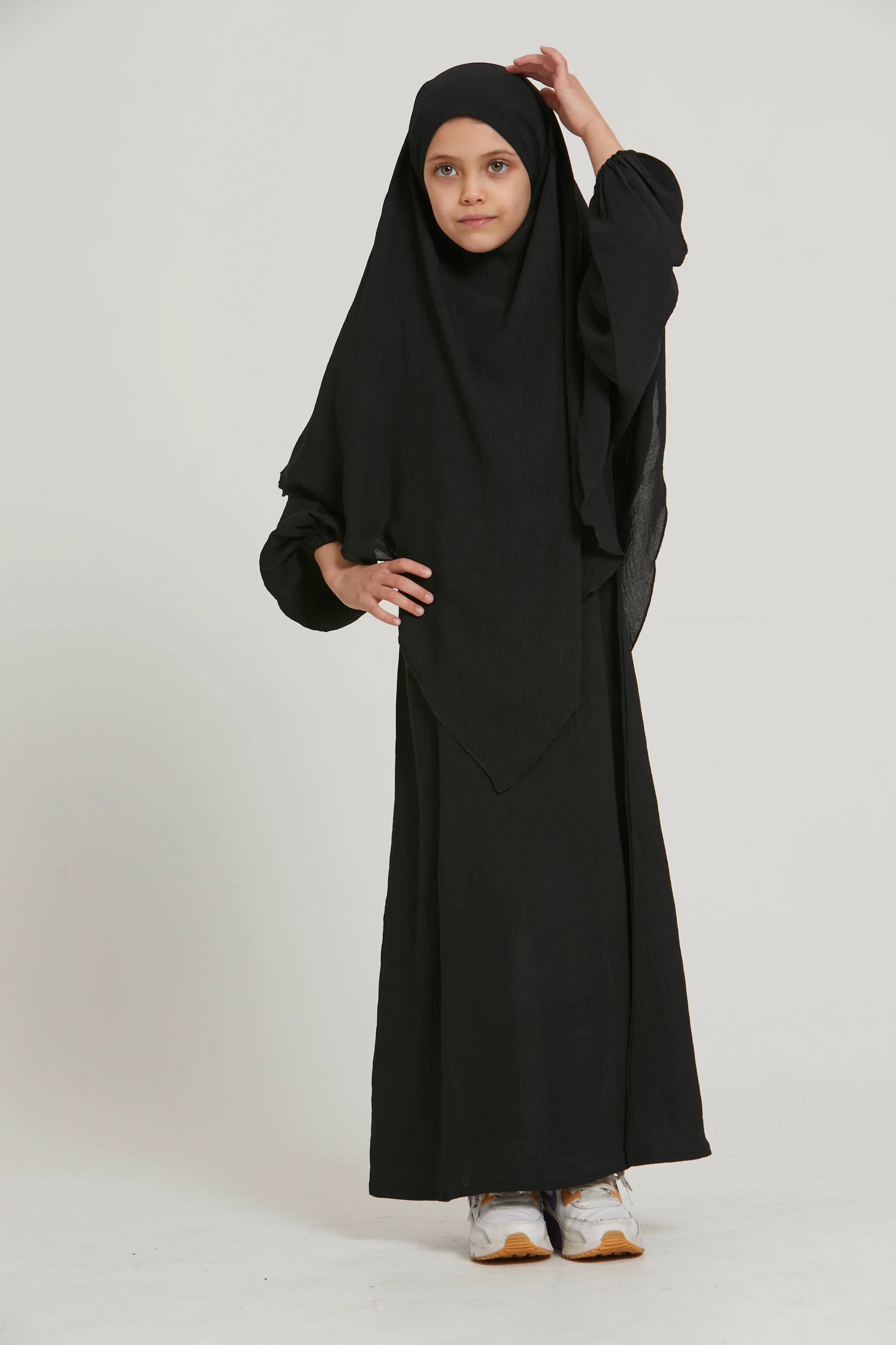 Junior Girls Abaya with Khimar Set - Black - Image 5