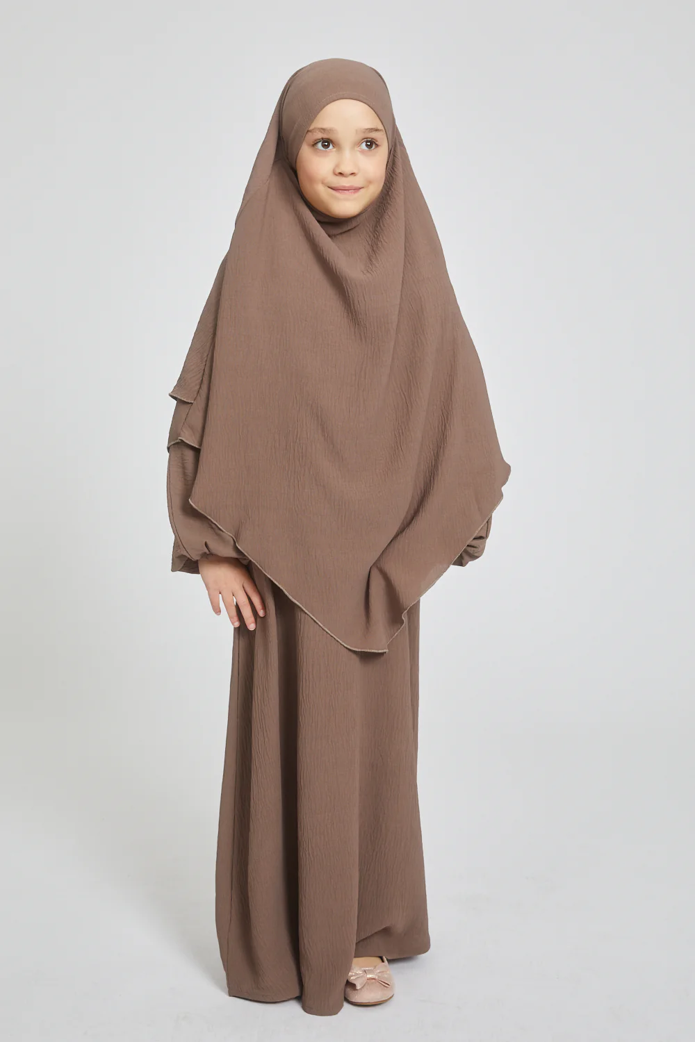 Junior Girls Abaya with Khimar Set - Smokey Taupe - Image 3