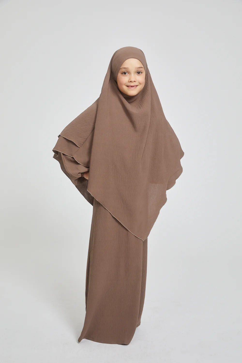 Junior Girls Abaya with Khimar Set - Smokey Taupe - Image 4