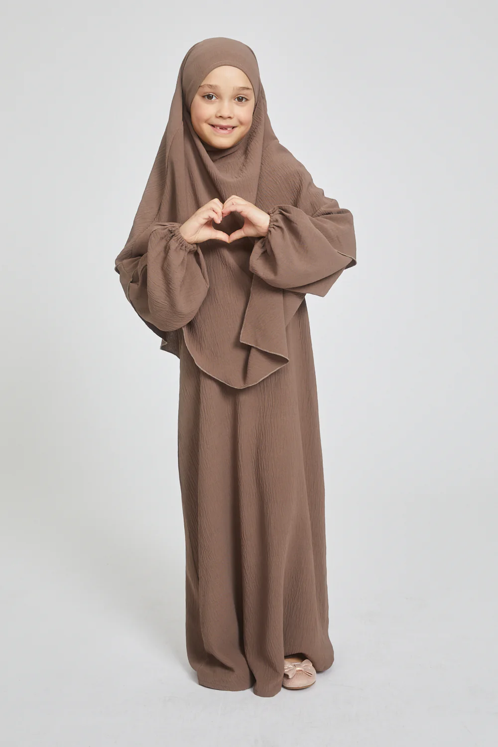 Junior Girls Abaya with Khimar Set - Smokey Taupe - Image 5