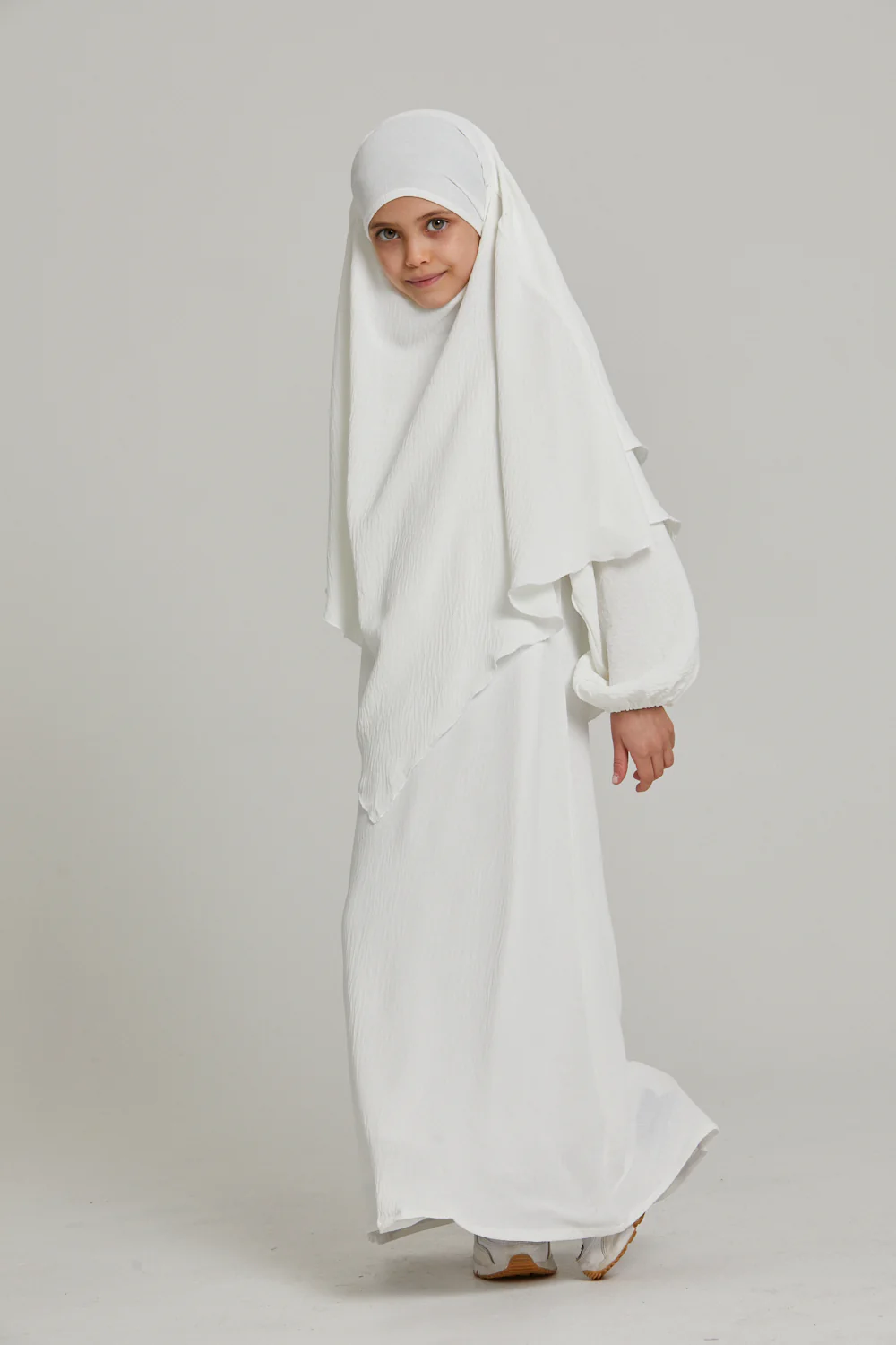 Junior Girls Abaya with Khimar Set - White - Image 3