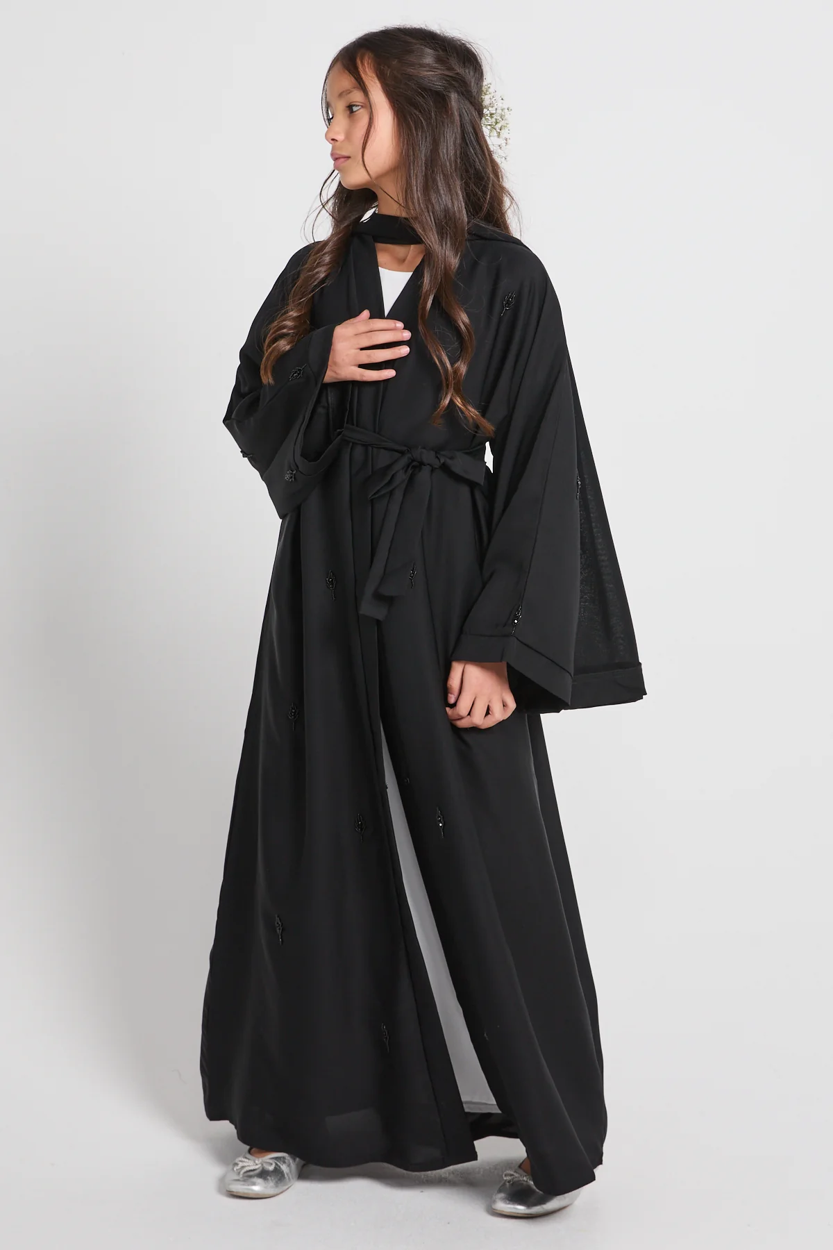 Junior Girls Black Botanique Embellished Open Abaya