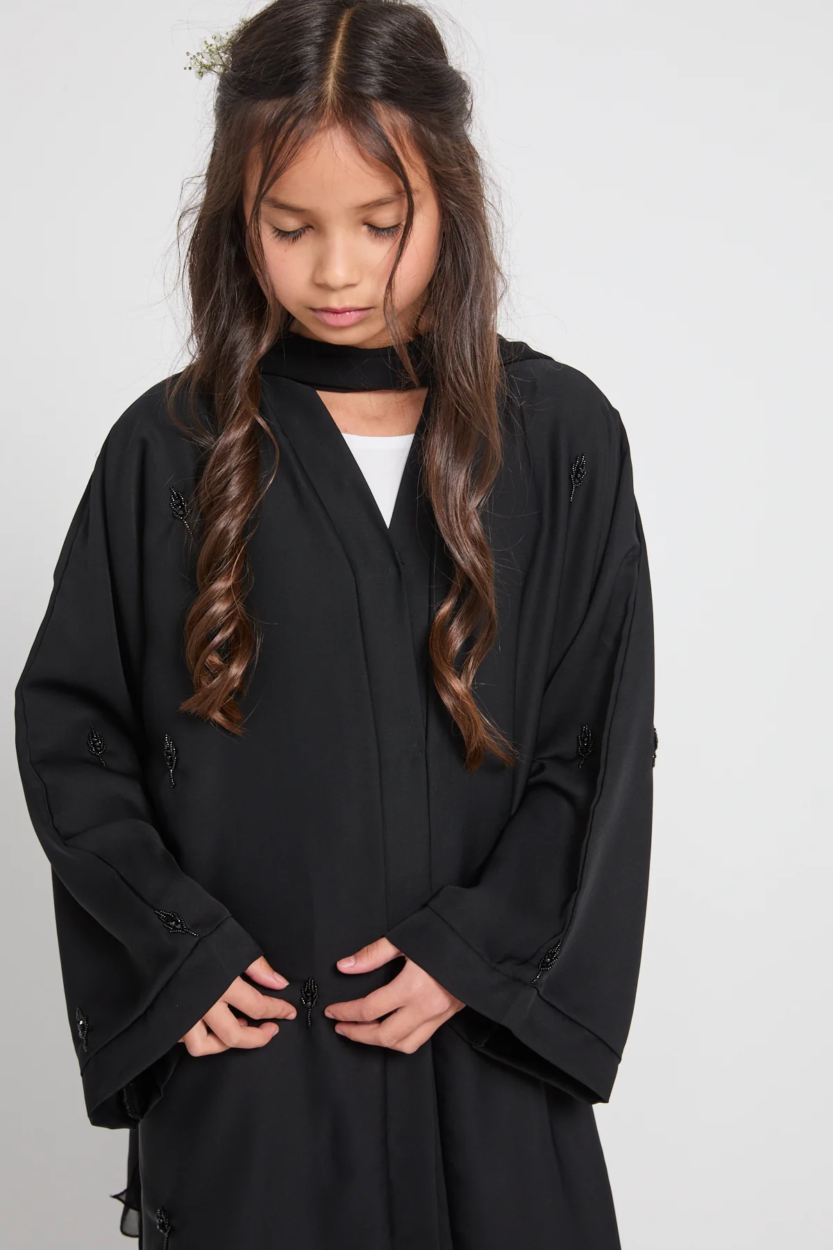 Junior Girls Black Botanique Embellished Open Abaya - Image 2