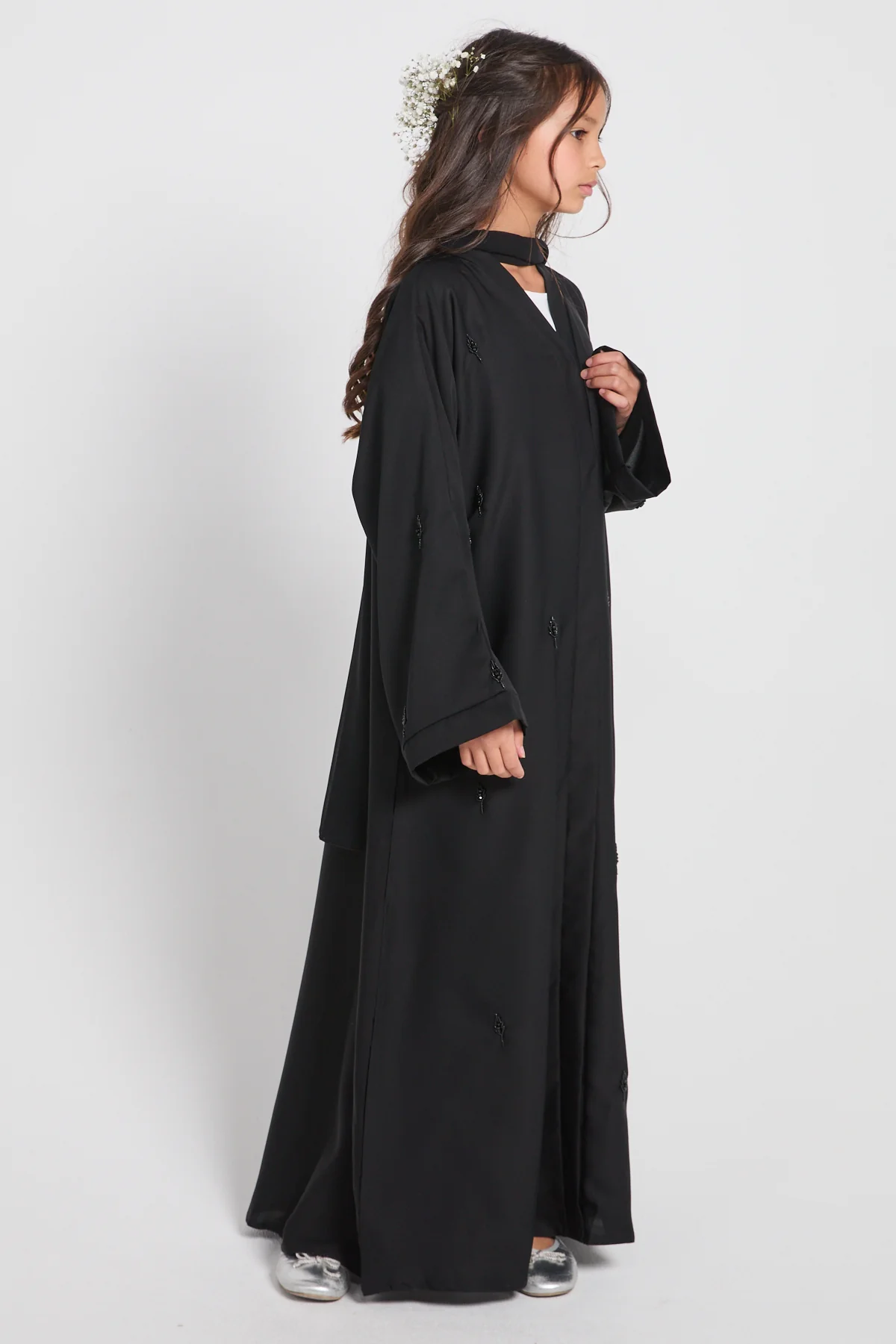 Junior Girls Black Botanique Embellished Open Abaya - Image 6