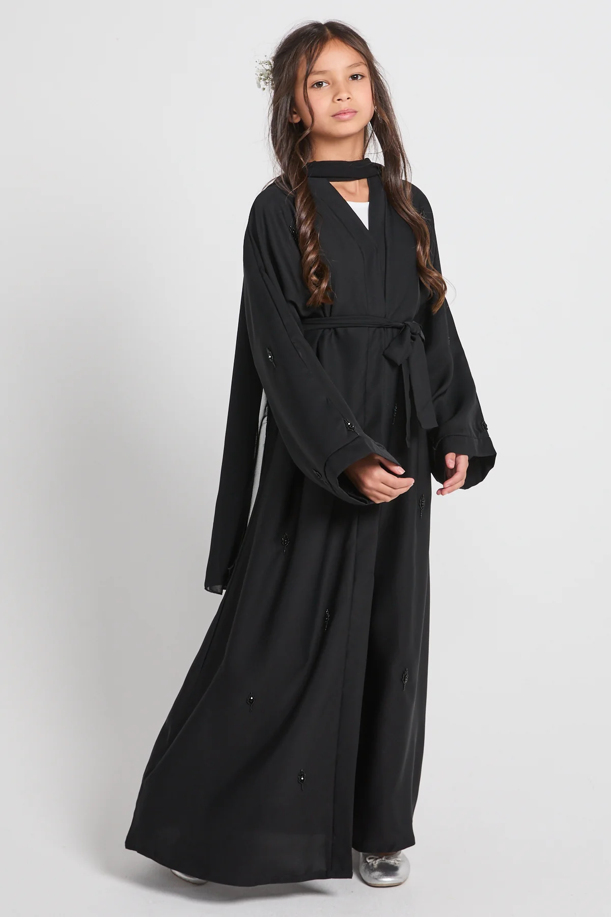 Junior Girls Black Botanique Embellished Open Abaya - Image 8