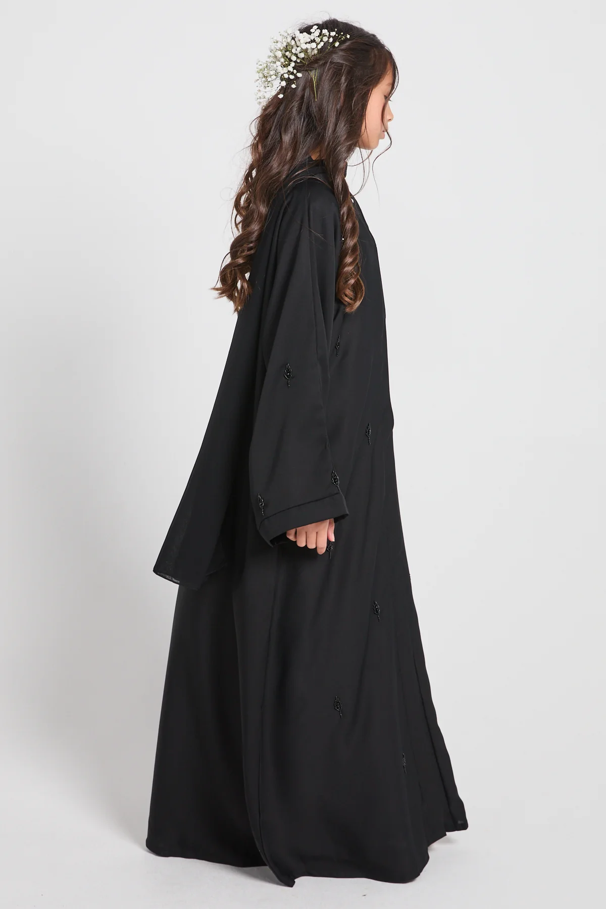 Junior Girls Black Botanique Embellished Open Abaya - Image 9
