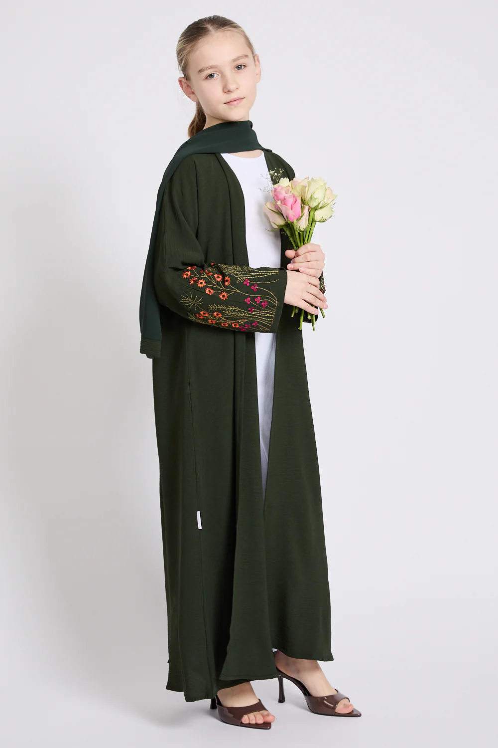 Junior Girls Blooming Embroidered Four Piece Open Abaya Set - Forest Green - Image 3