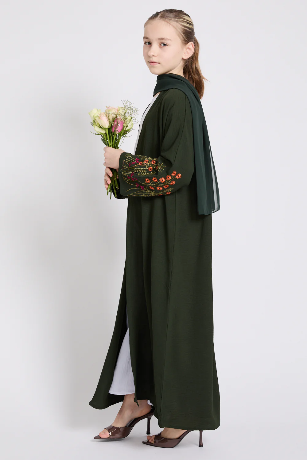 Junior Girls Blooming Embroidered Four Piece Open Abaya Set - Forest Green - Image 4