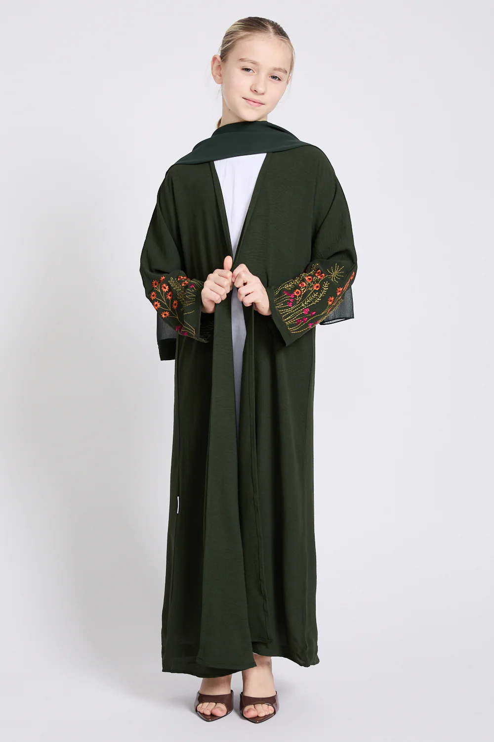 Junior Girls Blooming Embroidered Four Piece Open Abaya Set - Forest Green - Image 5