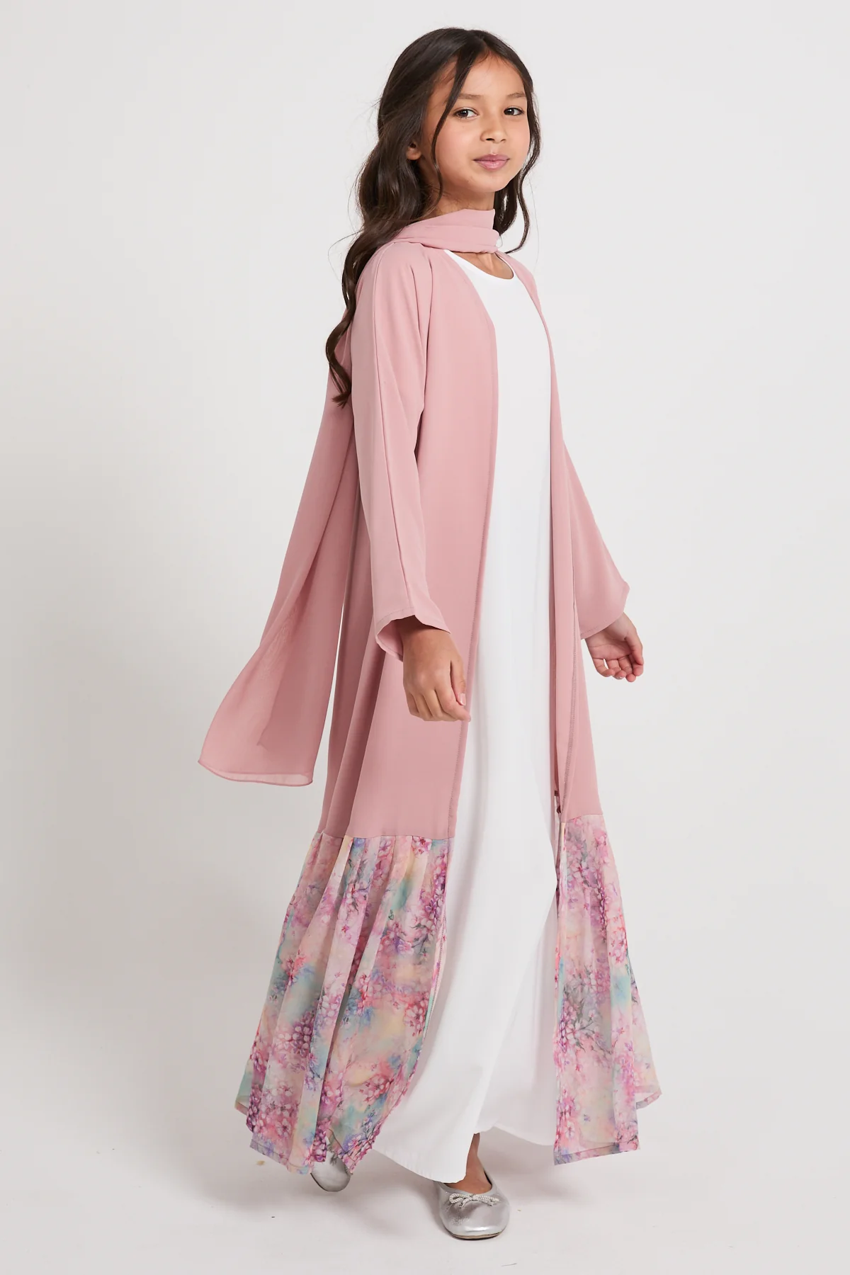 Junior Girls Blush Blossom Chiffon Open Abaya - LIMITED EDITION - Image 3