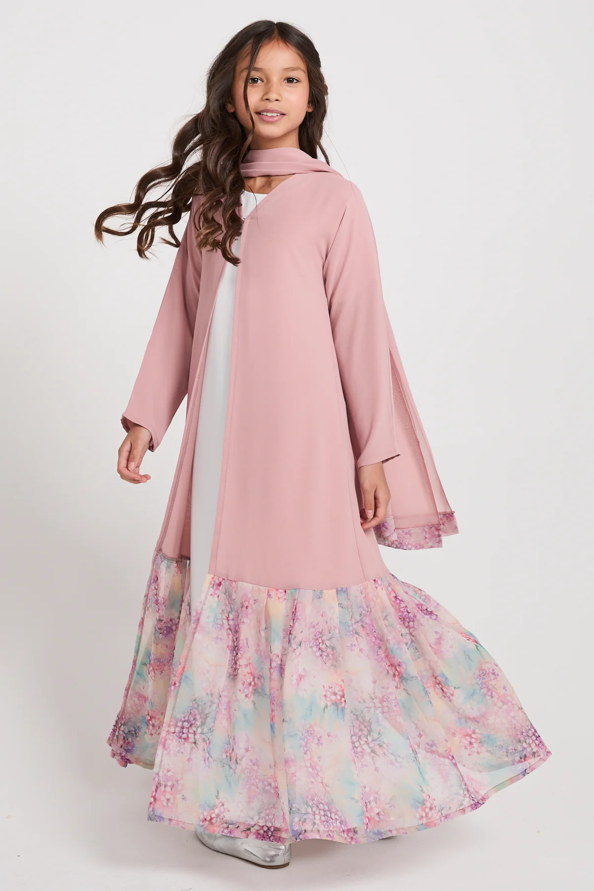 Junior Girls Blush Blossom Chiffon Open Abaya - LIMITED EDITION - Image 4