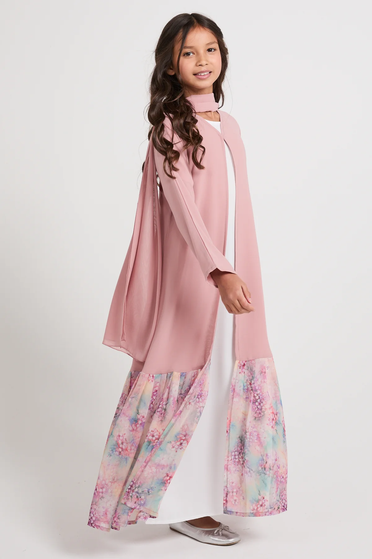 Junior Girls Blush Blossom Chiffon Open Abaya - LIMITED EDITION - Image 5