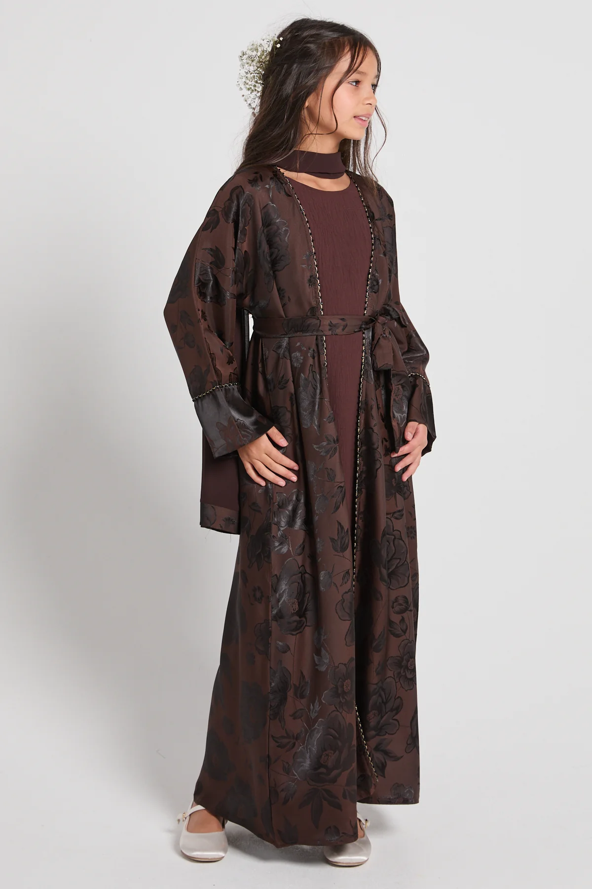 Junior Girls Botanical Cocoa Noir Four Piece Abaya Set - Limited Edition