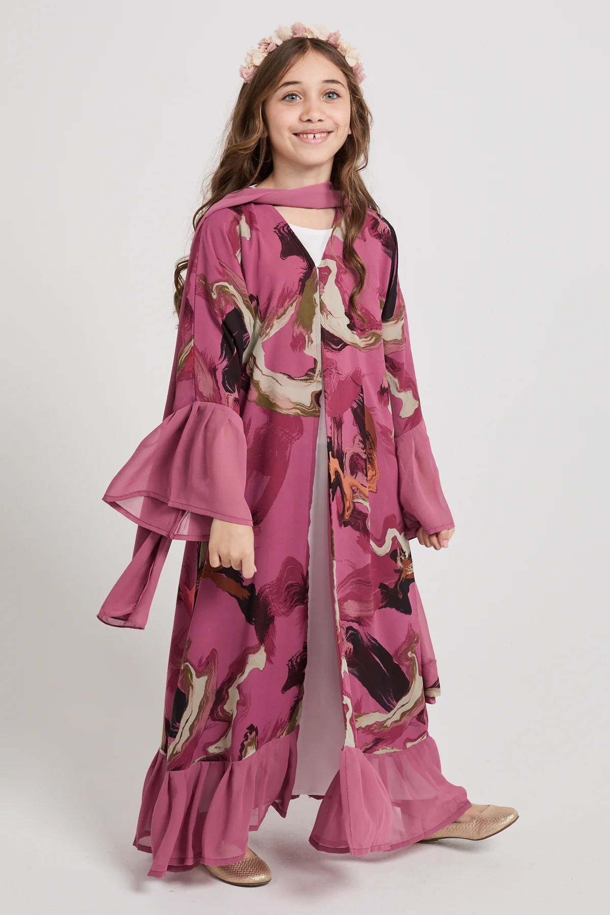 Junior Girls Chiffon Ruffle Open Abaya – Rose Marble