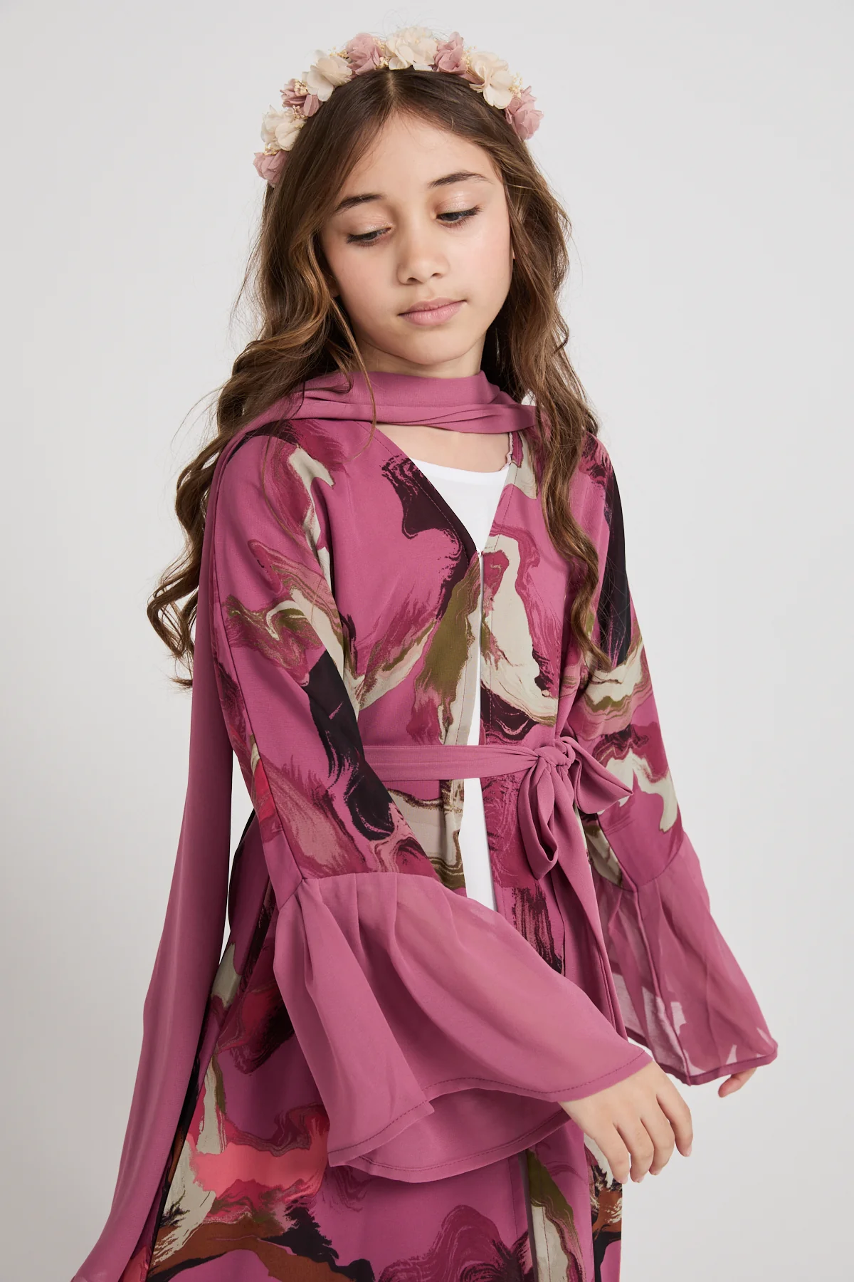 Junior Girls Chiffon Ruffle Open Abaya – Rose Marble - Image 2