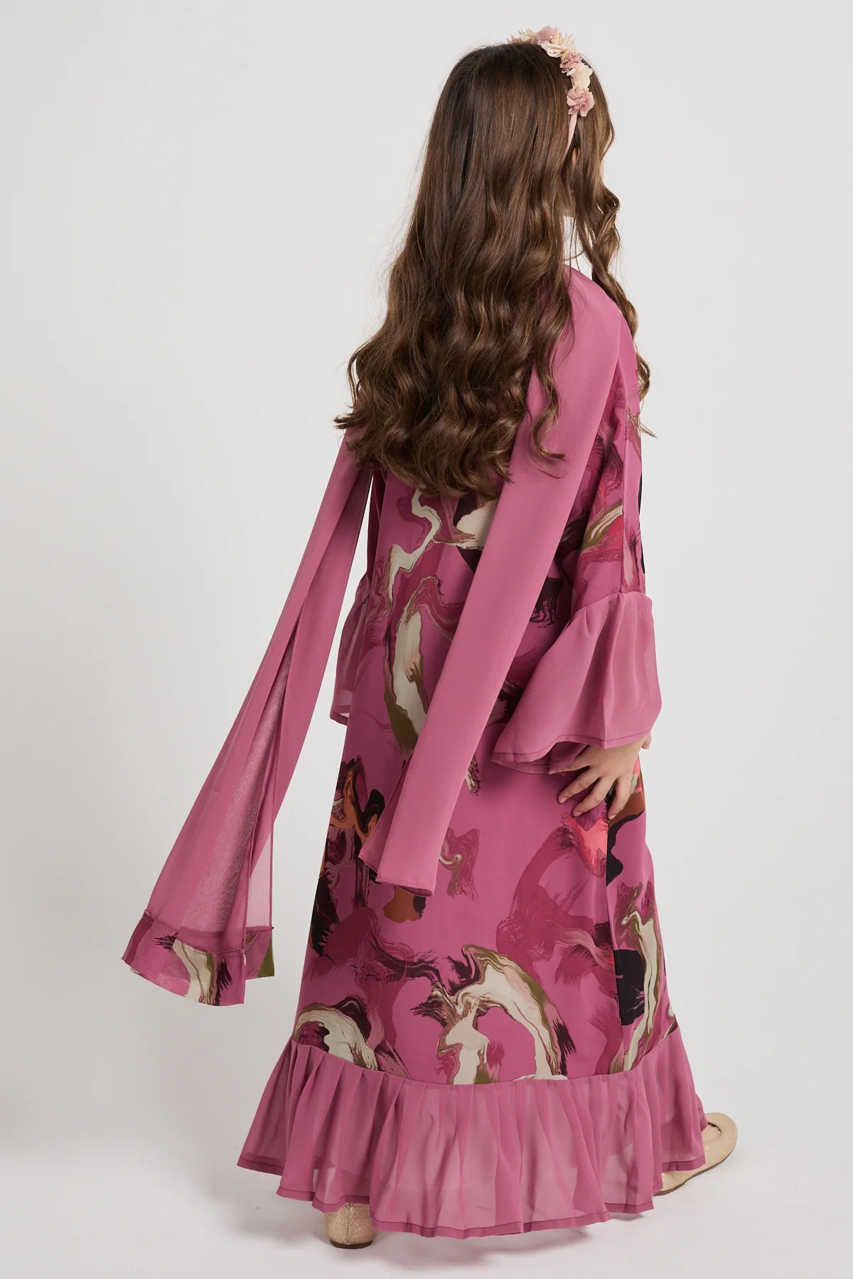 Junior Girls Chiffon Ruffle Open Abaya – Rose Marble - Image 3