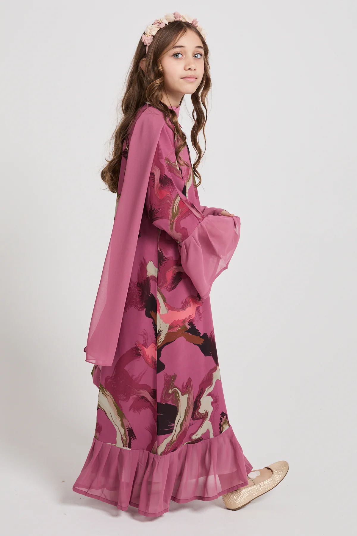 Junior Girls Chiffon Ruffle Open Abaya – Rose Marble - Image 4
