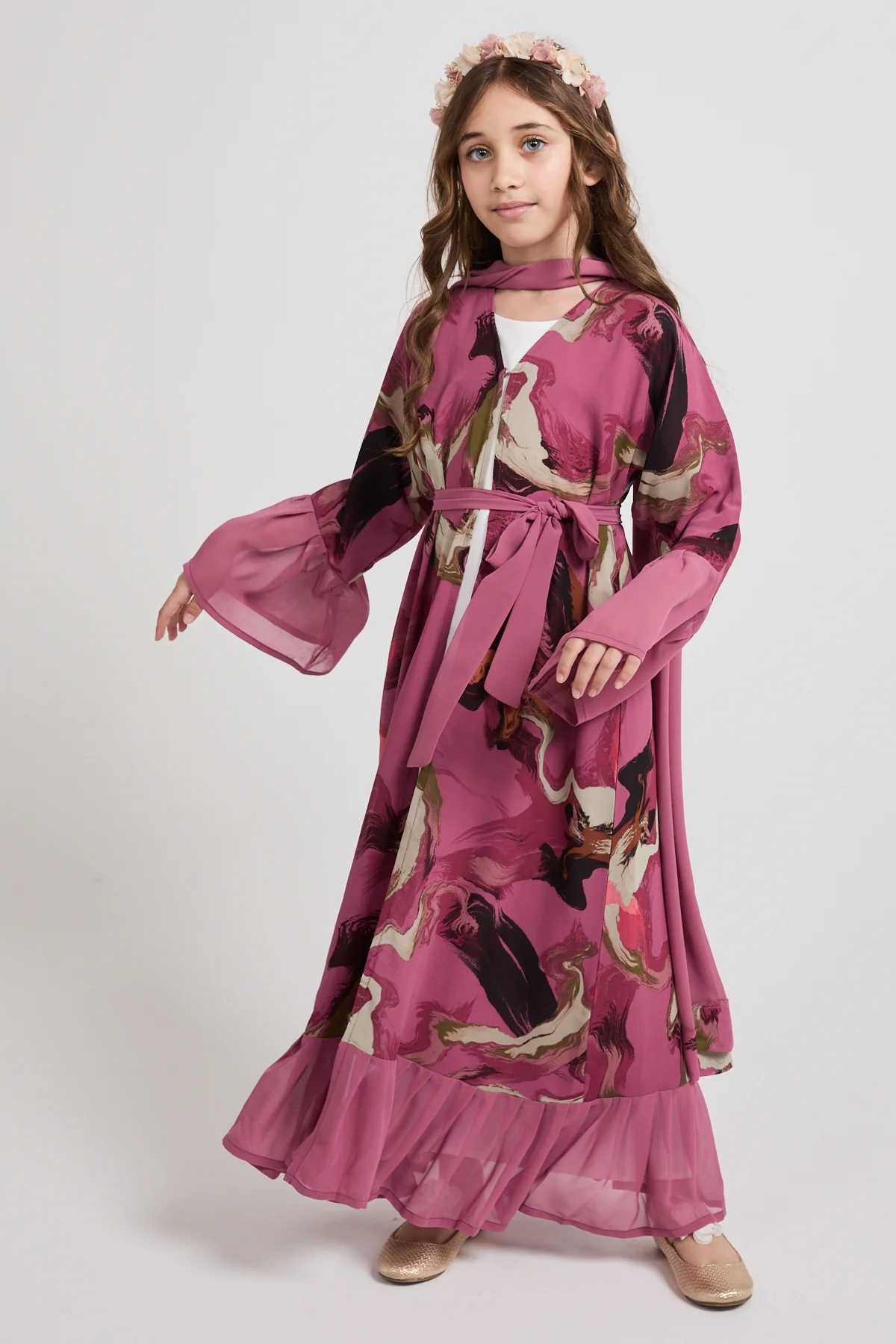 Junior Girls Chiffon Ruffle Open Abaya – Rose Marble - Image 5