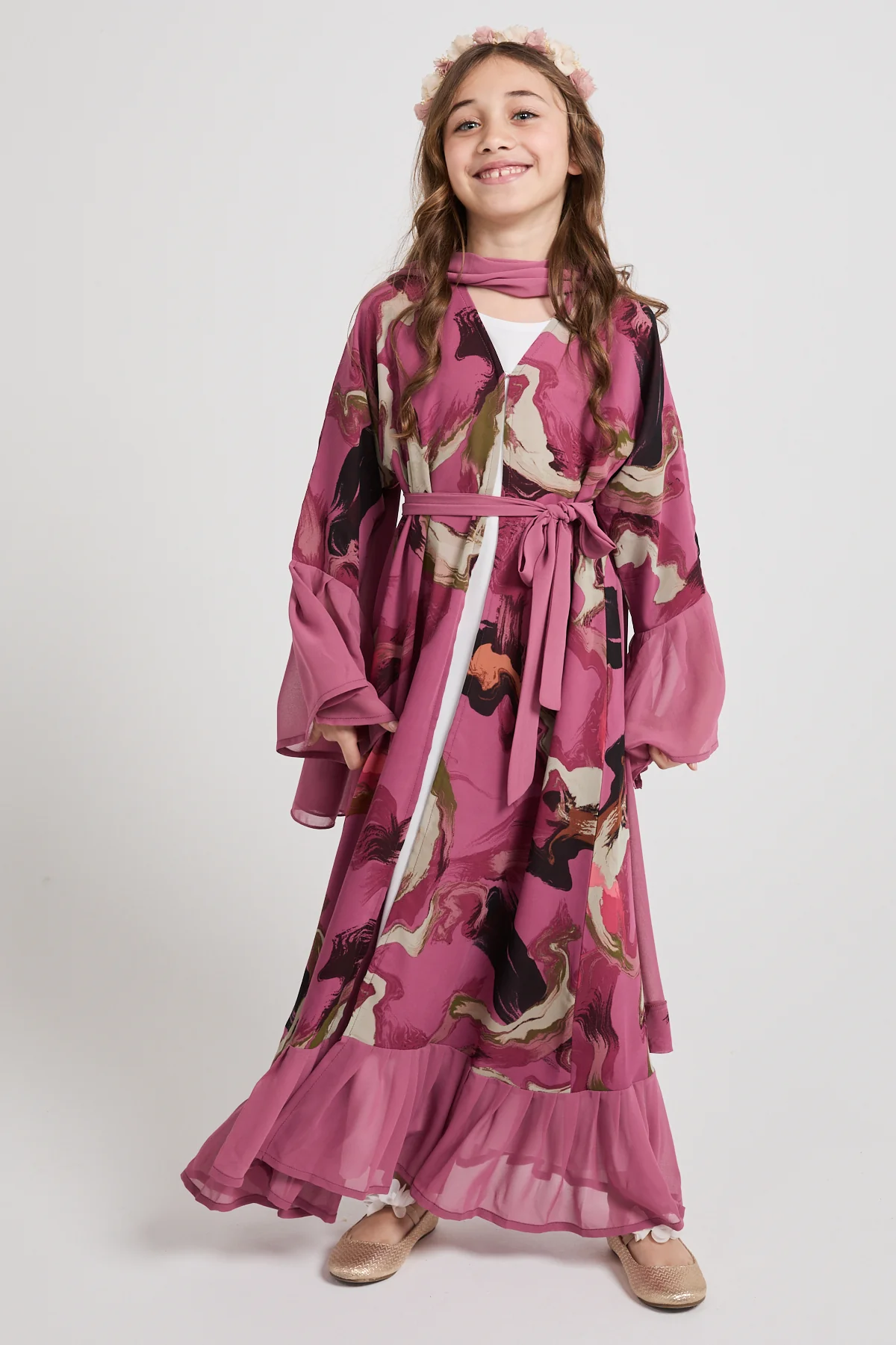 Junior Girls Chiffon Ruffle Open Abaya – Rose Marble - Image 6