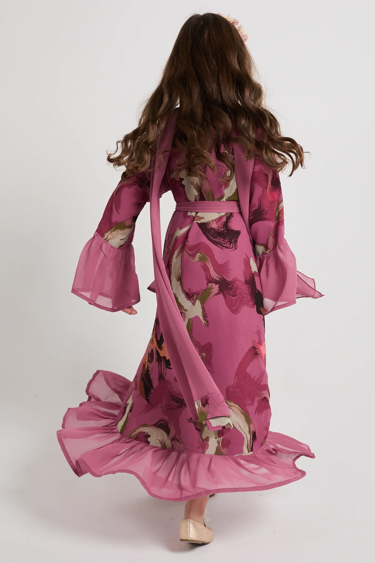 Junior Girls Chiffon Ruffle Open Abaya – Rose Marble - Image 7
