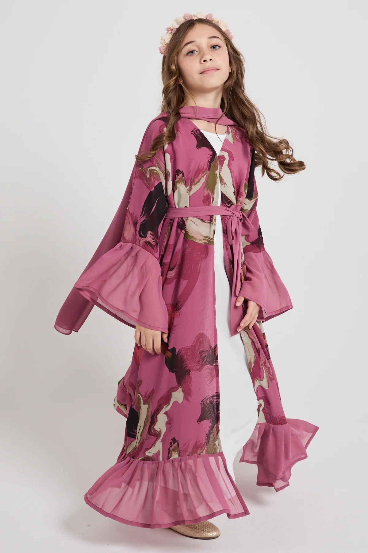 Junior Girls Chiffon Ruffle Open Abaya – Rose Marble - Image 8