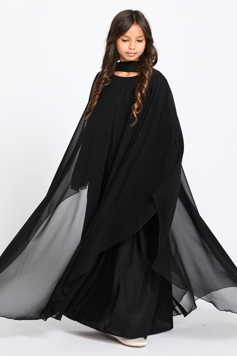 Junior Girls Closed Abaya with Butterfly Cut Chiffon Overlay - Black