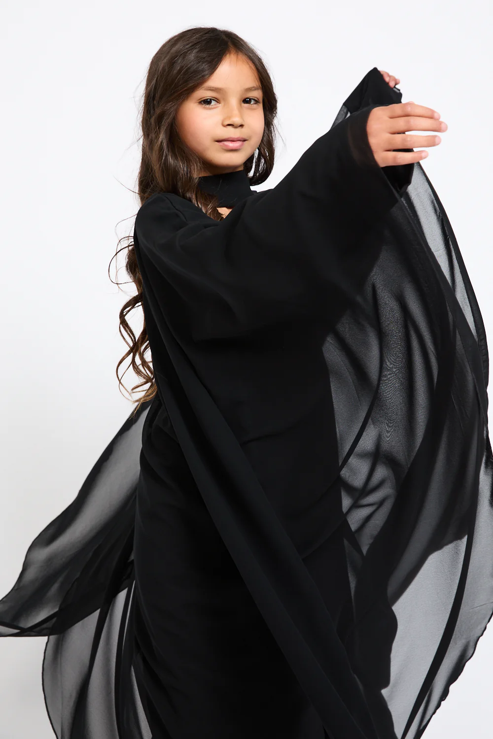 Junior Girls Closed Abaya with Butterfly Cut Chiffon Overlay - Black - Image 2