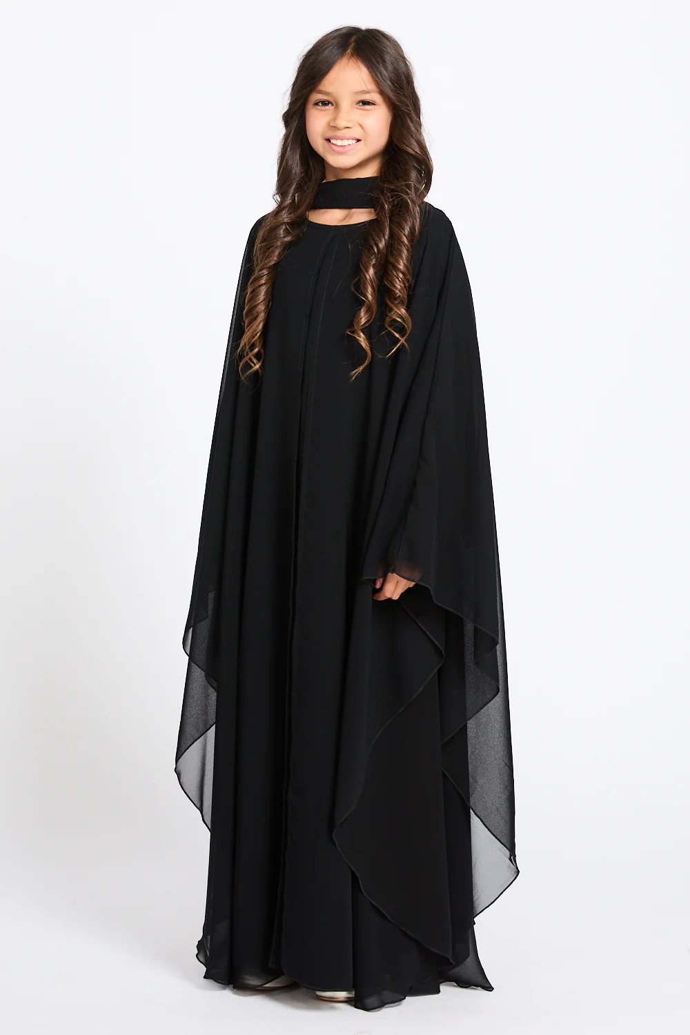 Junior Girls Closed Abaya with Butterfly Cut Chiffon Overlay - Black - Image 3