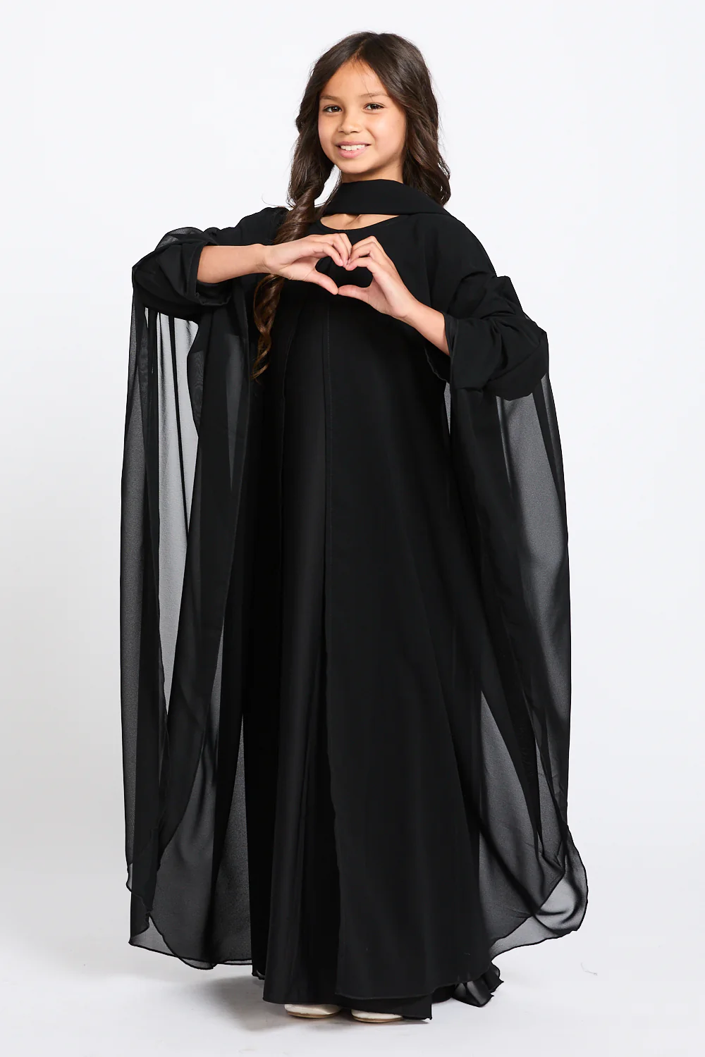 Junior Girls Closed Abaya with Butterfly Cut Chiffon Overlay - Black - Image 4