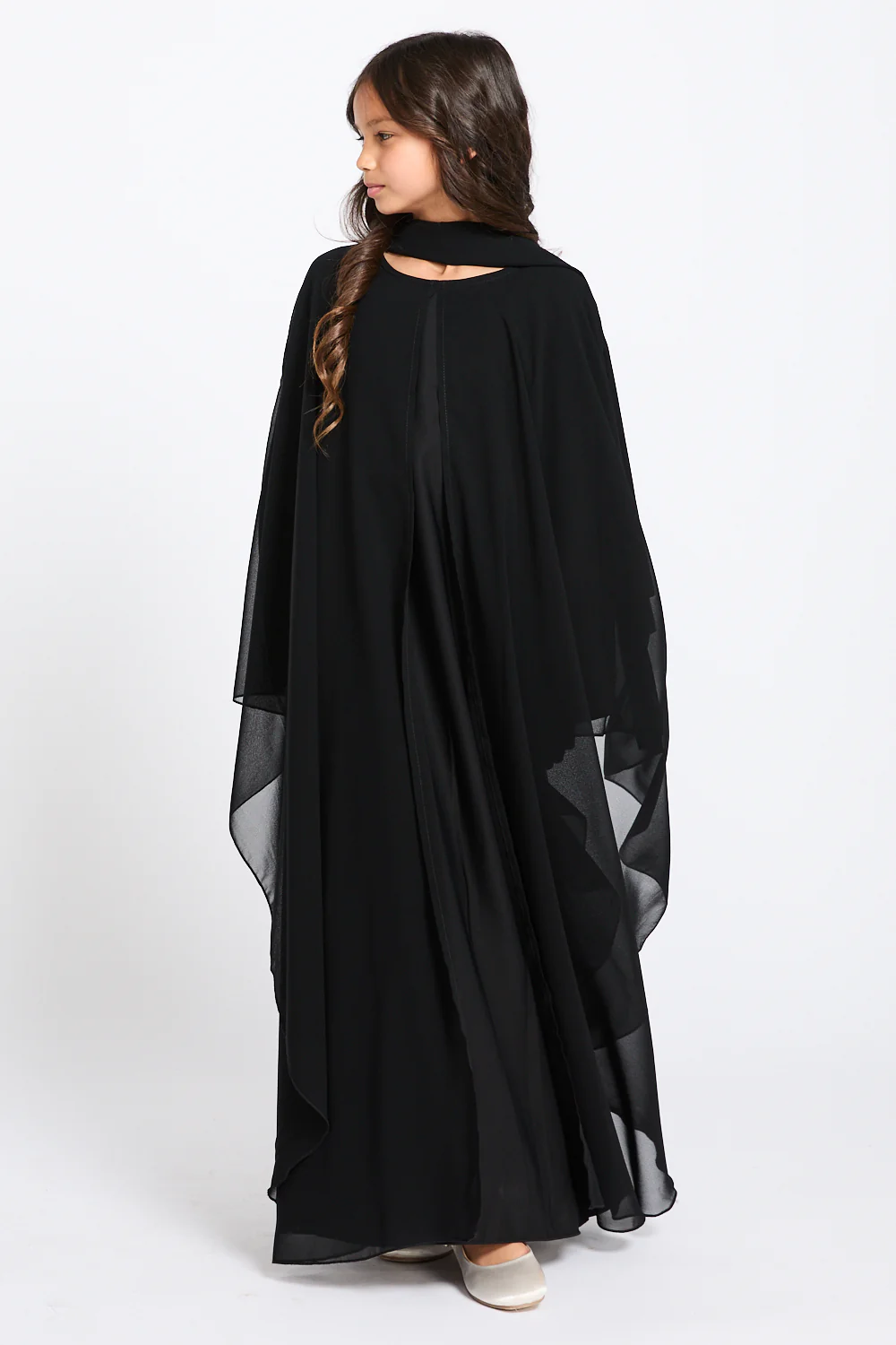Junior Girls Closed Abaya with Butterfly Cut Chiffon Overlay - Black - Image 5